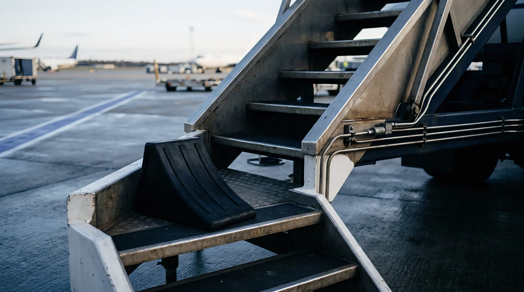 Weathered metal stairs, part of mobile aircraft ground support equipment, stand on an airport tarmac, secured by a black wheel chock.