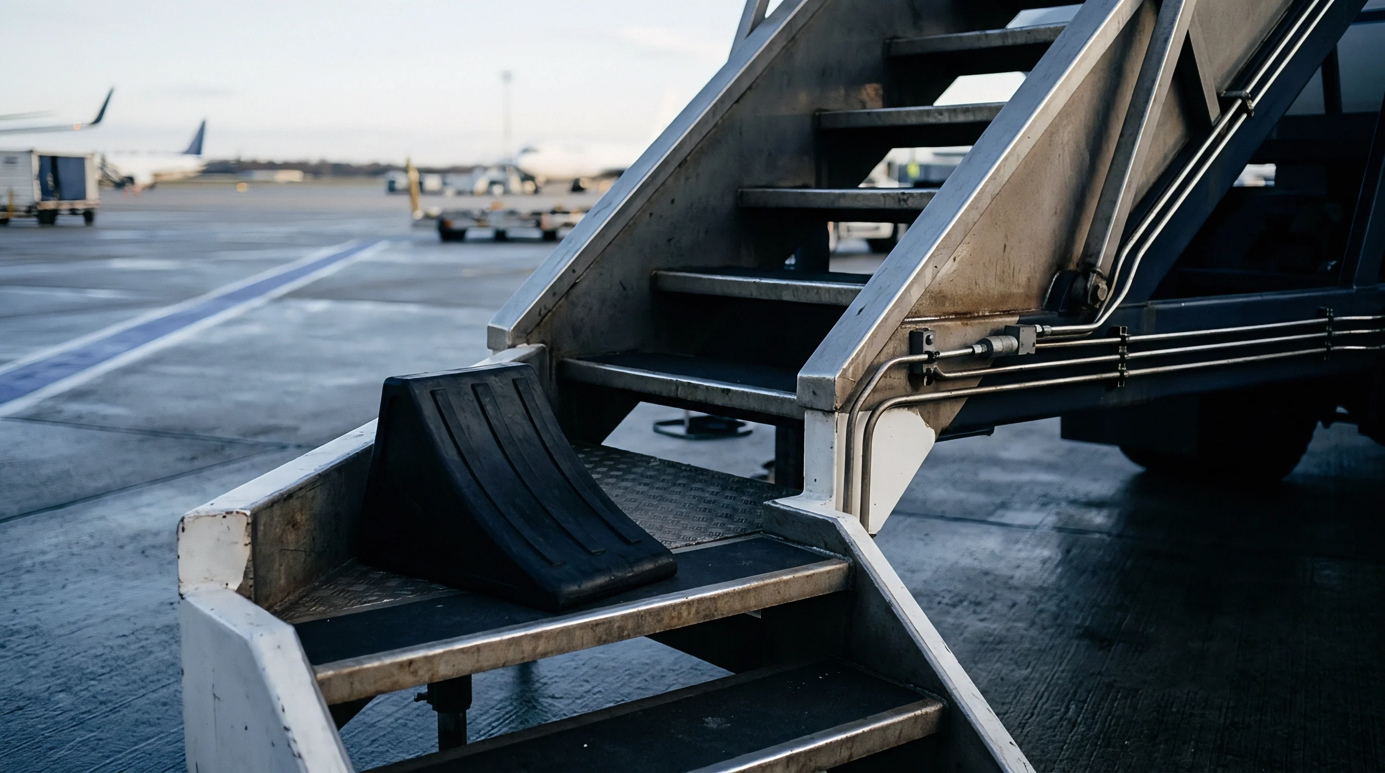 Weathered metal stairs, part of mobile aircraft ground support equipment, stand on an airport tarmac, secured by a black wheel chock.