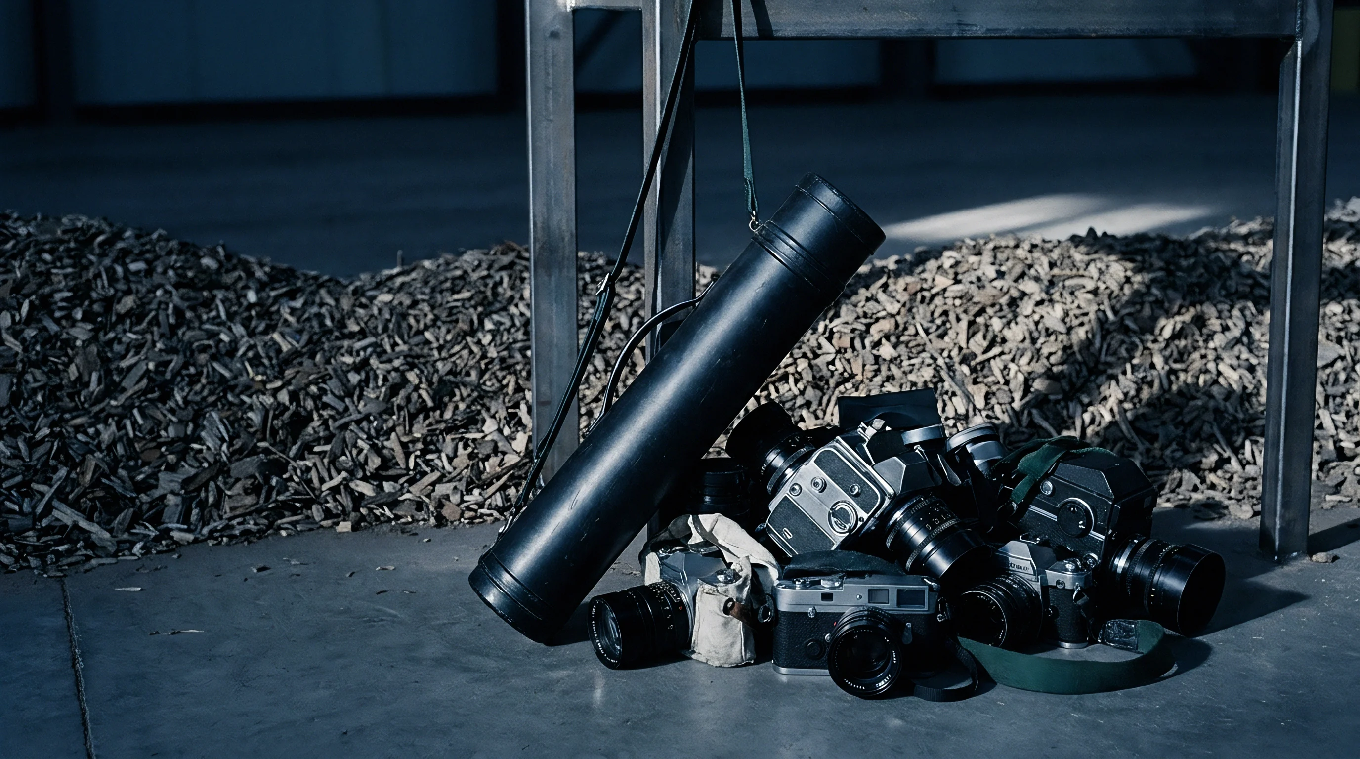 Vintage photographic equipment rests beside processed biomass storage inside an industrial warehouse facility during operational inventory checks.