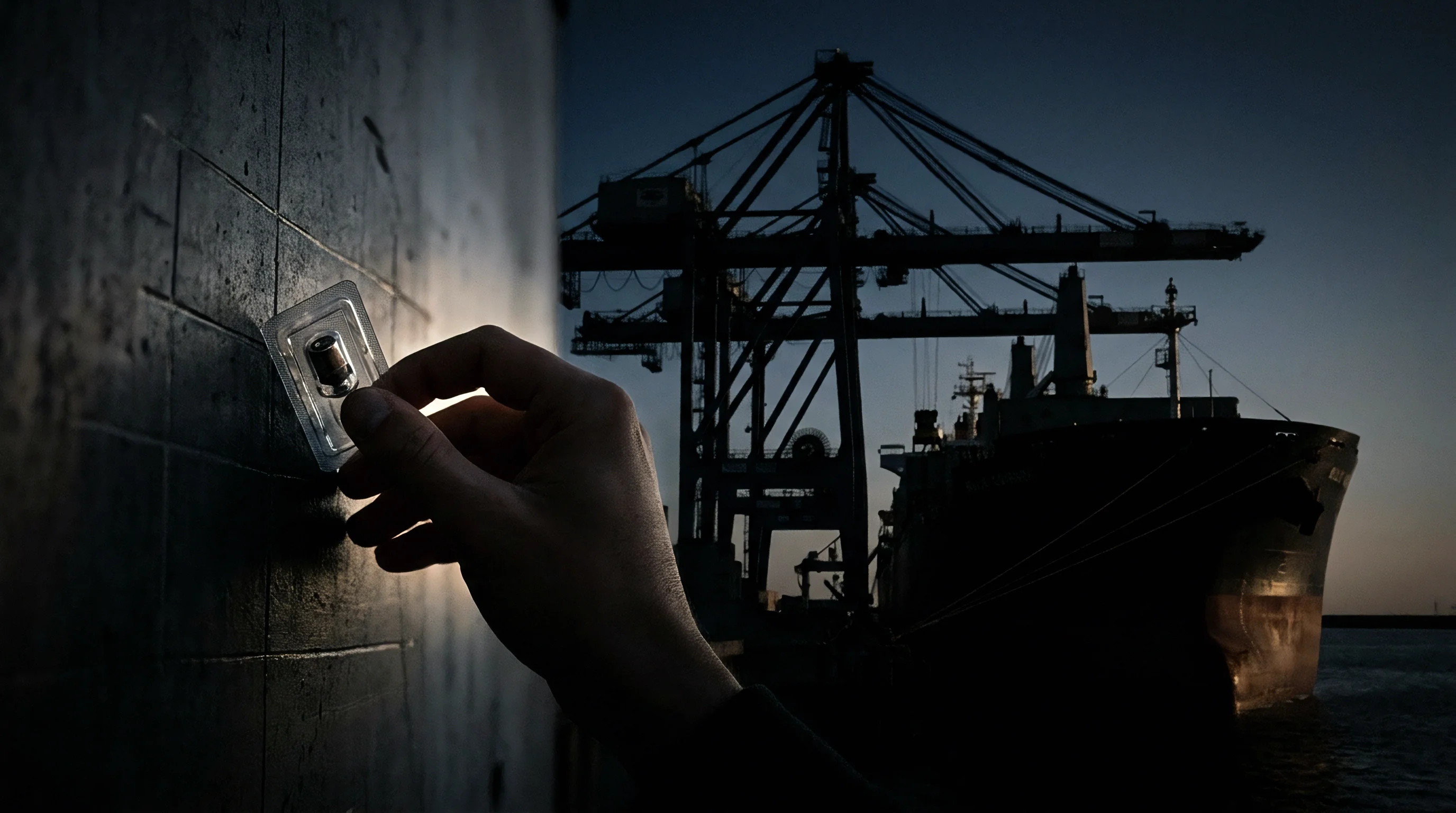 A hand secures a small hardware tracking unit to a structured surface near container cranes and a cargo ship in port.