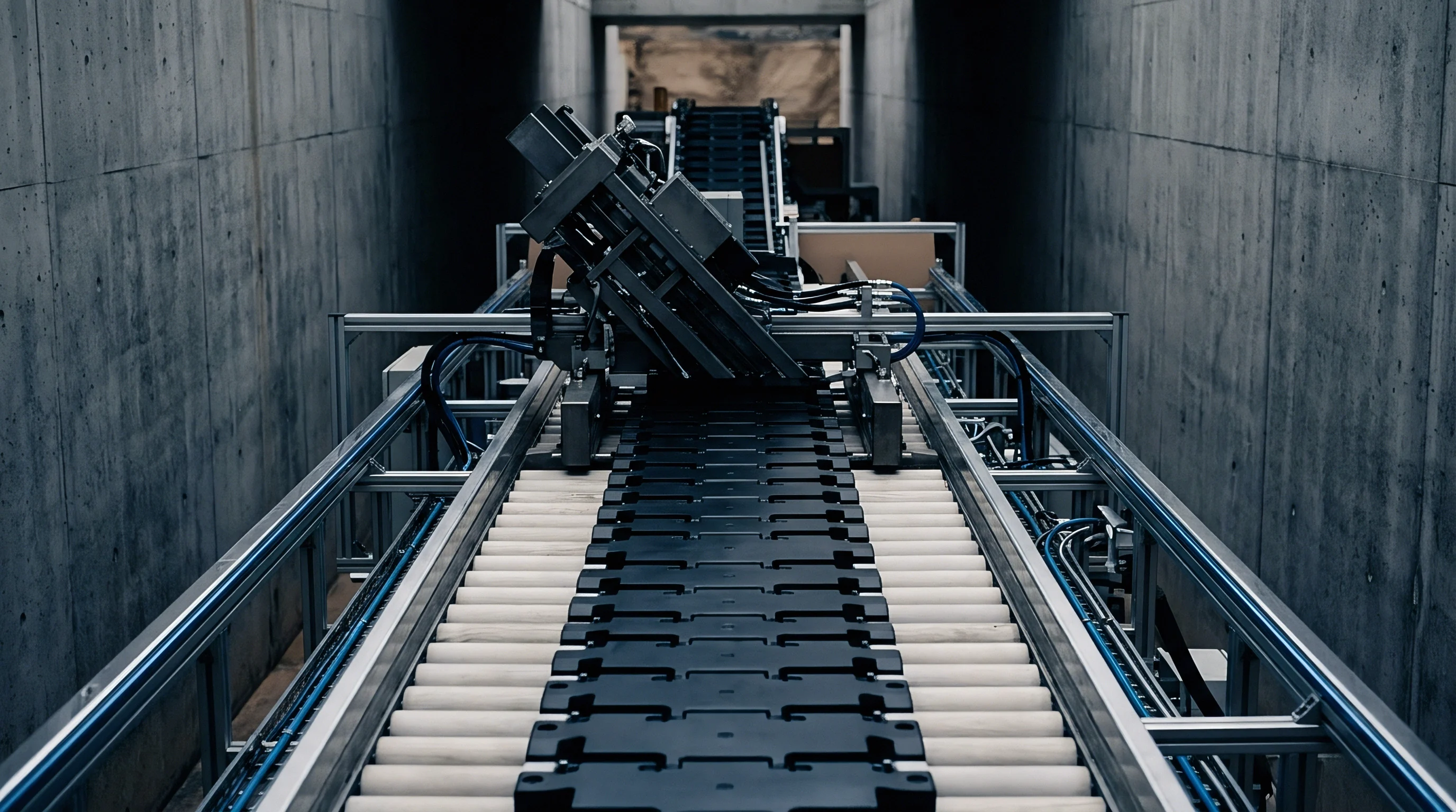 Heavy concrete industrial trench houses an automated modular conveyor system equipped with mechanical sorting attachments beneath overhead framework.
