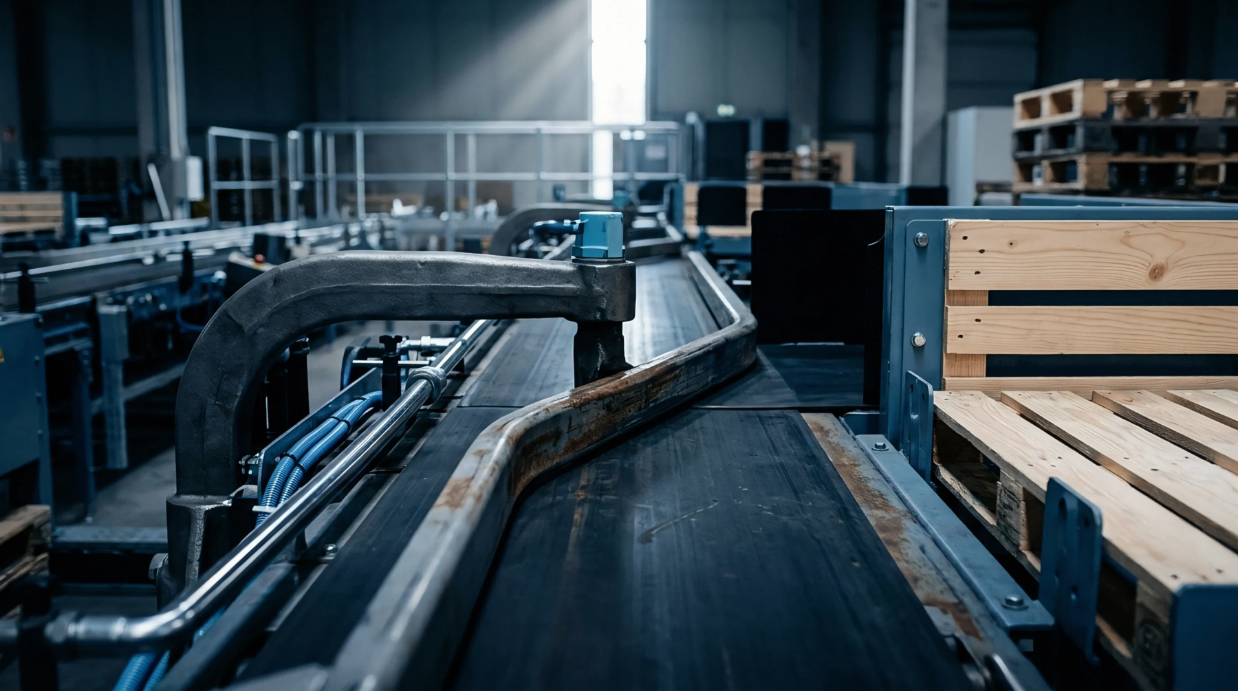Industrial conveyor belts and heavy metal tooling operate inside a vast manufacturing facility alongside wooden storage pallets ready for dispatch.