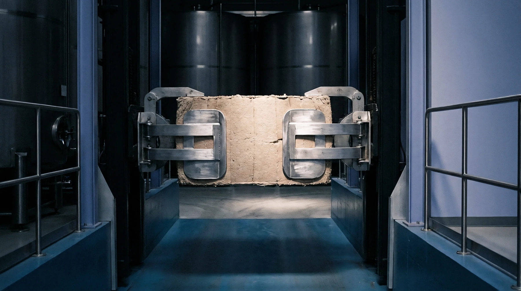 Heavy robotic mechanical clamps secure a dense rectangular compressed fiber block positioned centrally on an industrial factory floor.