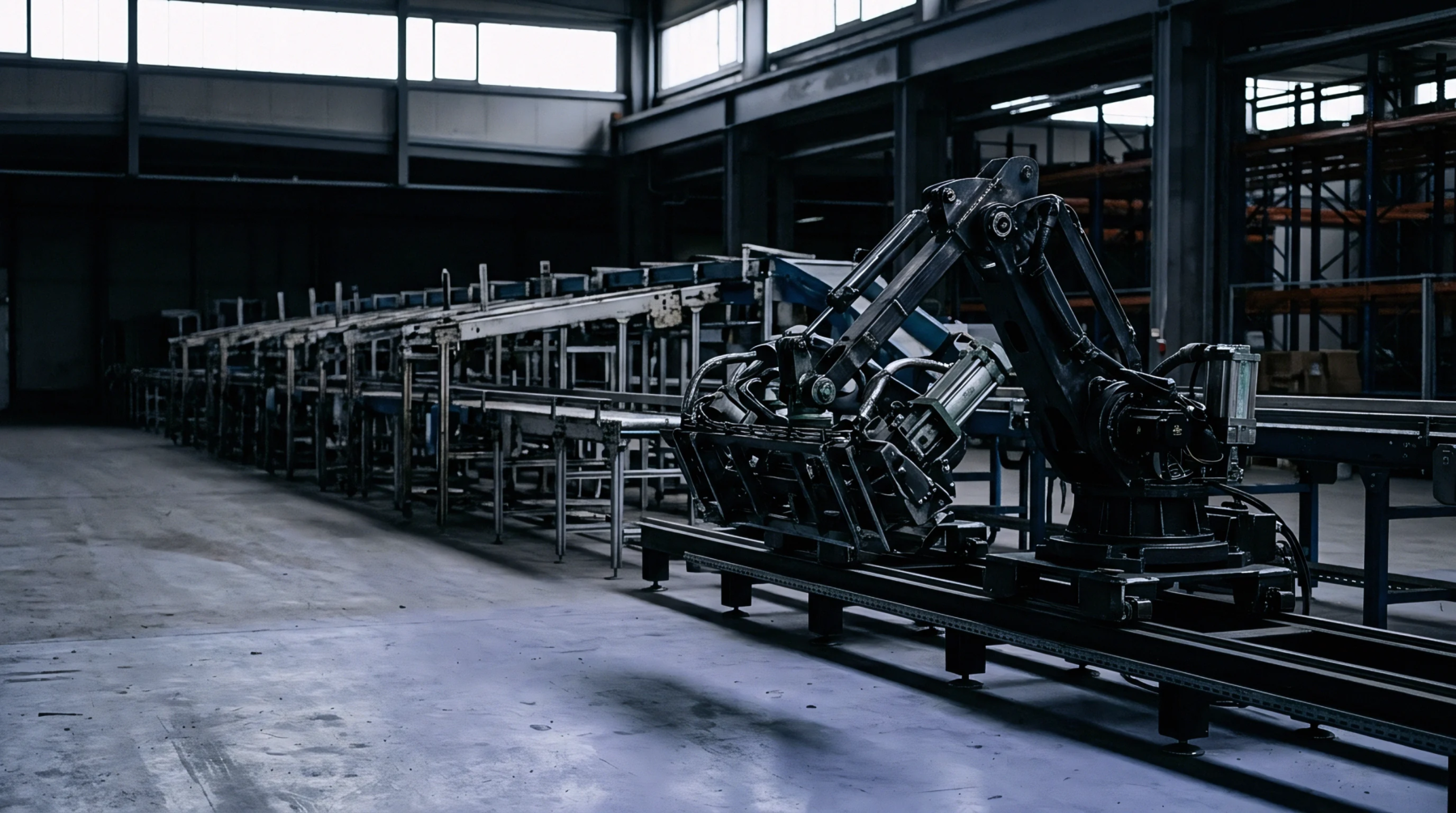 Heavy industrial robotics equipment operates along a steel track beside multiple conveyor systems inside a vast manufacturing facility.