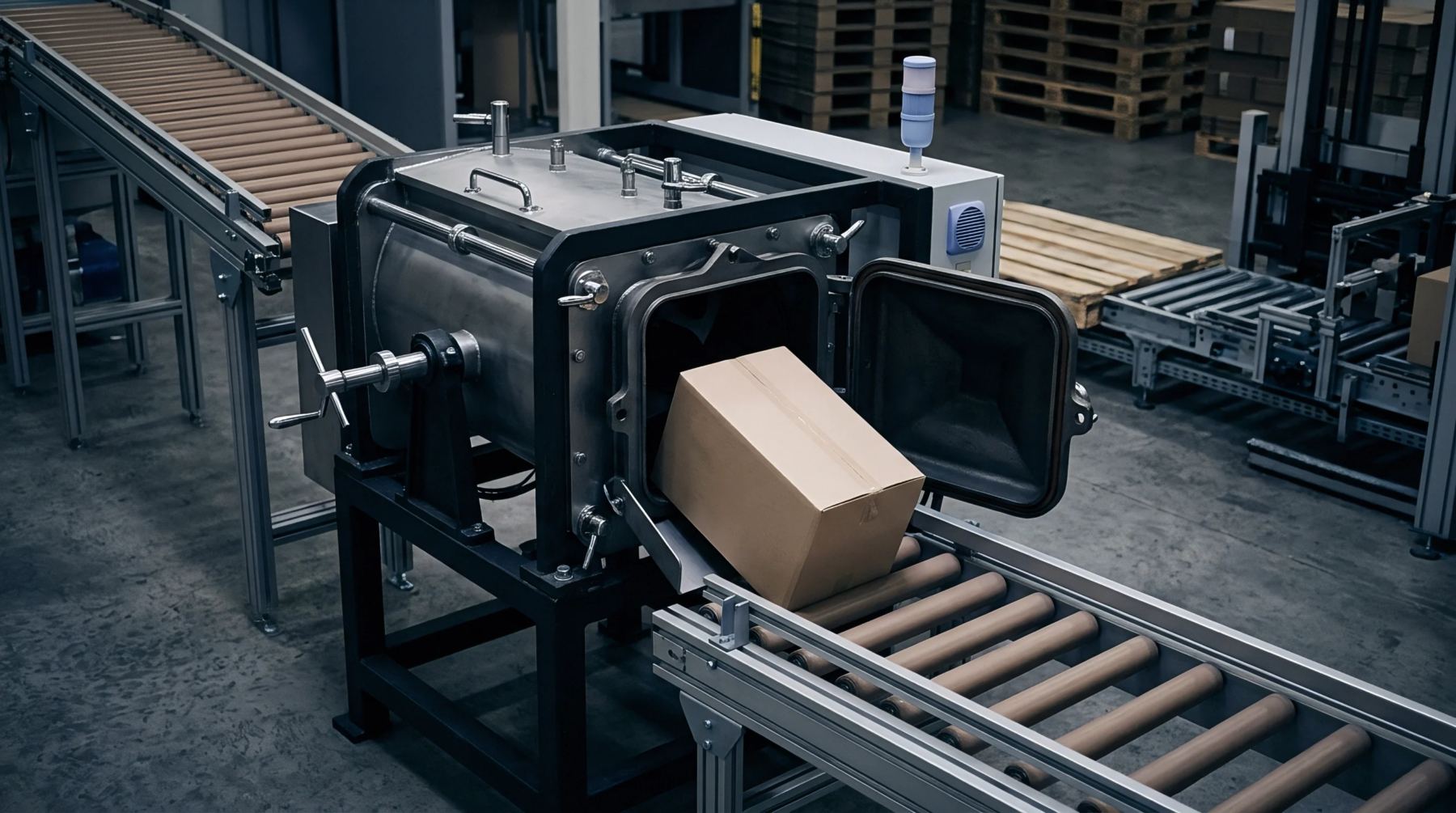 A large industrial processing machine with an open door ejects a brown cardboard package onto a roller conveyor belt within a manufacturing or logistics facility.