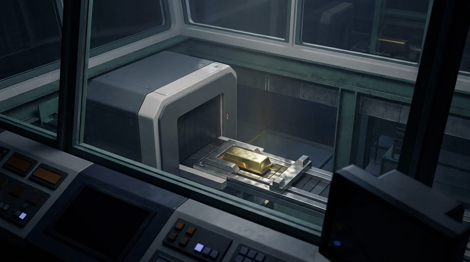 A digitally rendered scene shows a substantial gold bullion bar progressing through an automated industrial scanner.