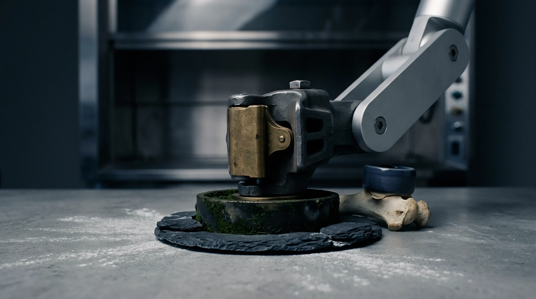 An industrial robotic arm applies downward pressure onto a composite material specimen positioned on a textured slate workbench within a manufacturing facility.