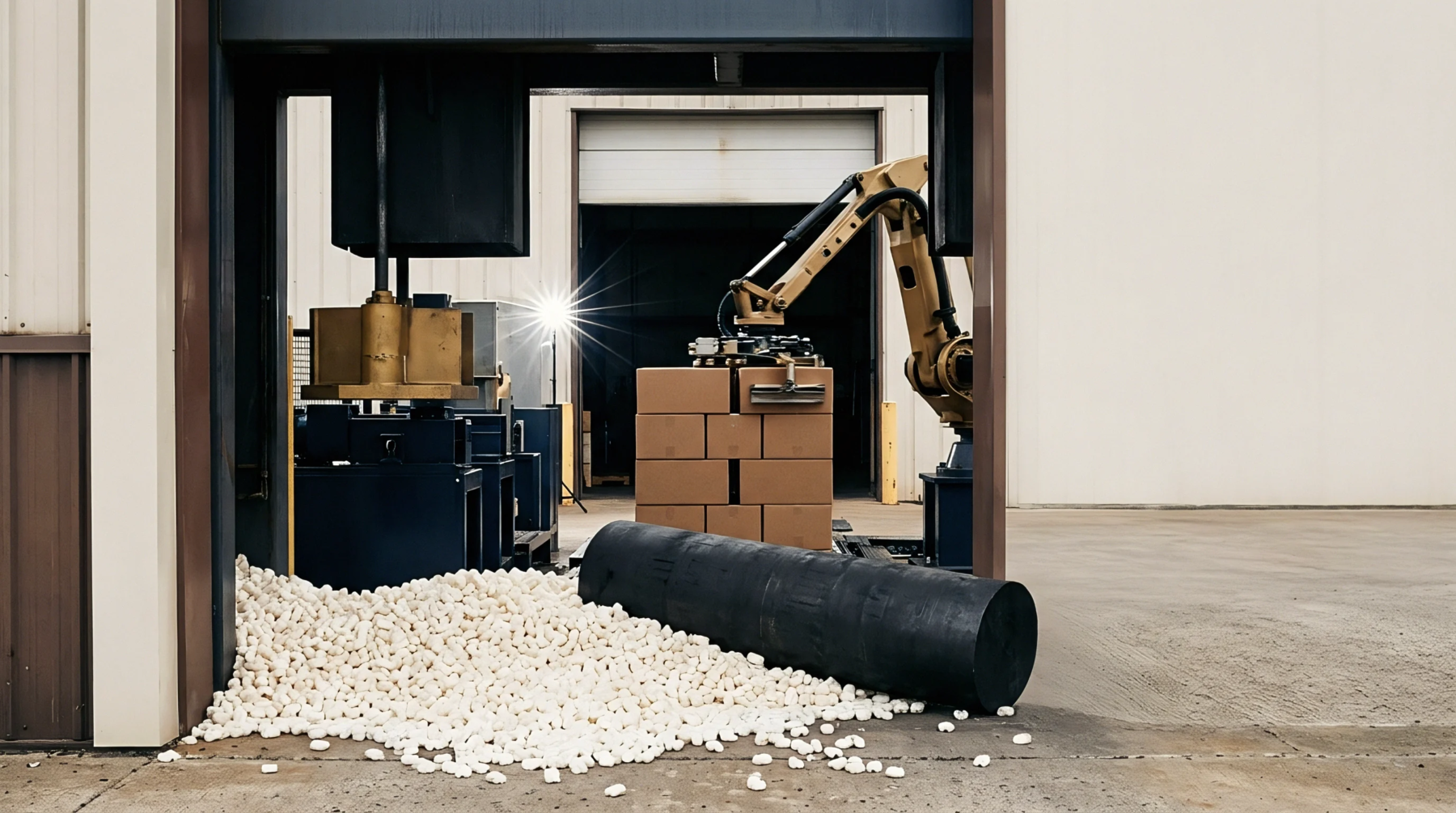 An automated robotic arm stacks cardboard cartons in a warehouse bay behind a mound of protective foam peanuts and a black industrial cylinder.
