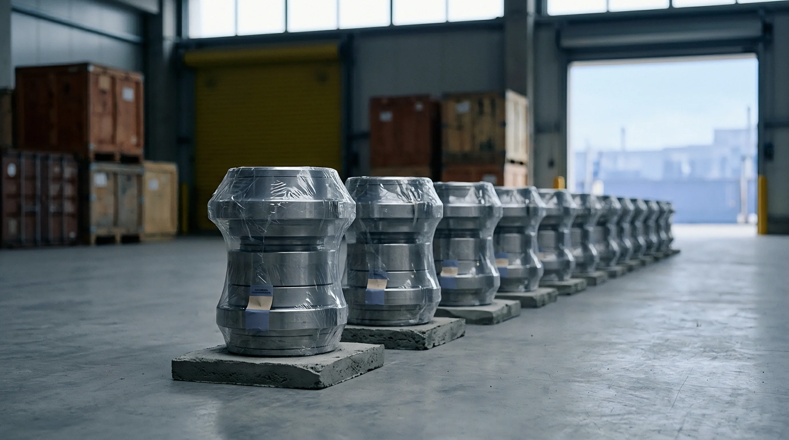 Precision machined steel components wrapped in protective film sit on concrete pads aligned across a concrete distribution facility floor.
