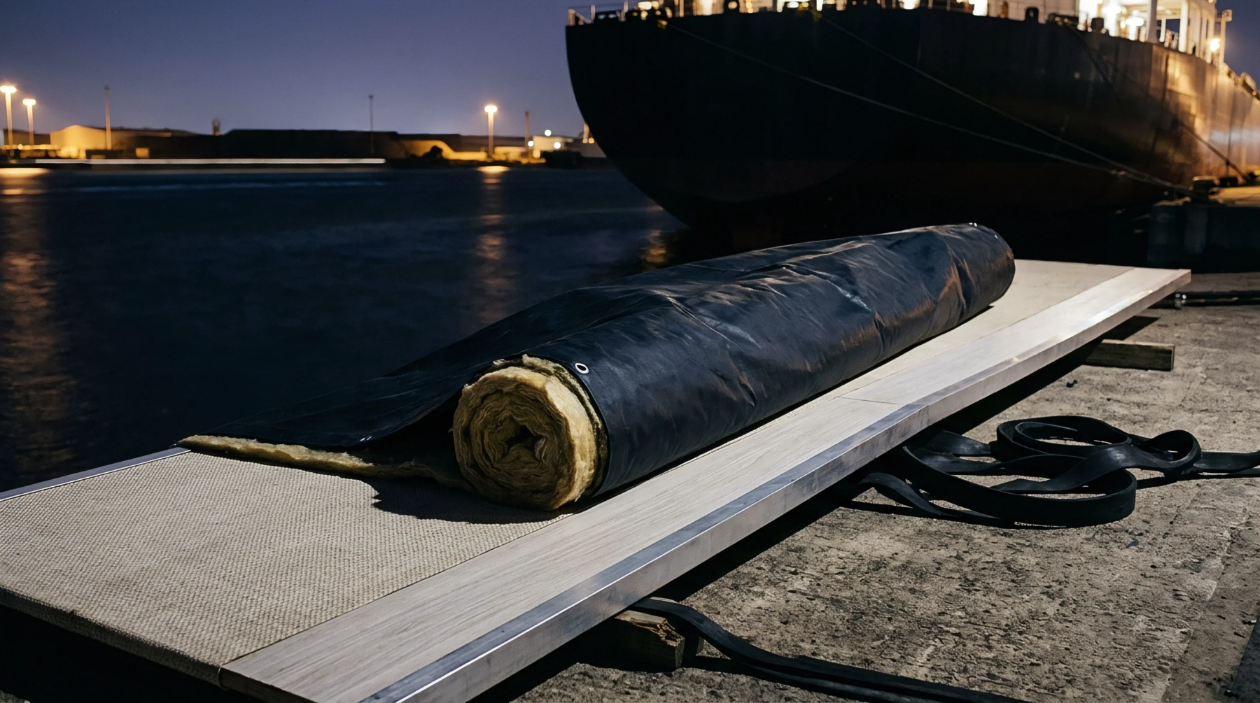 A wrapped roll of industrial insulation material rests on a wooden loading platform beside a dark cargo vessel at night.