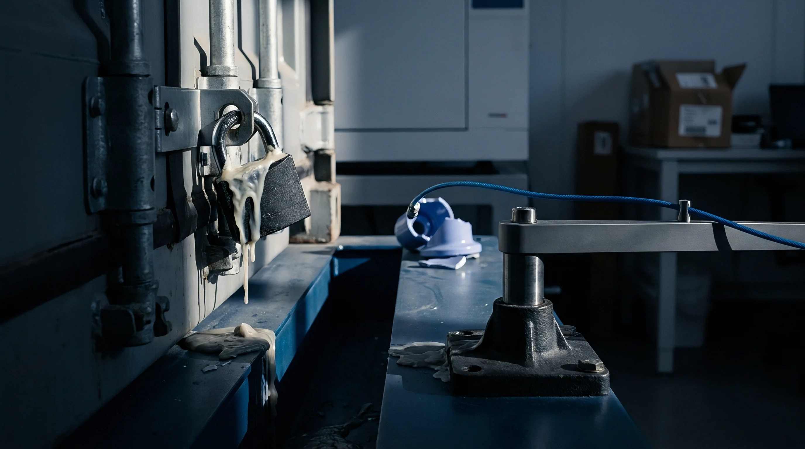 A heavy padlock on a freight container door latch exhibits frozen condensation and residue inside an industrial testing facility.