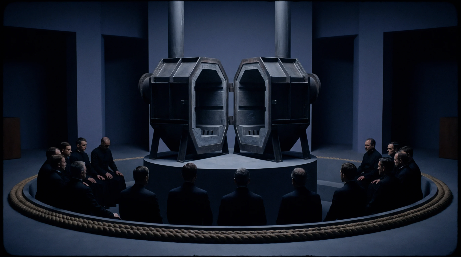 Executives gather in a circular meeting room around a heavy industrial processing unit within a minimalist facility.