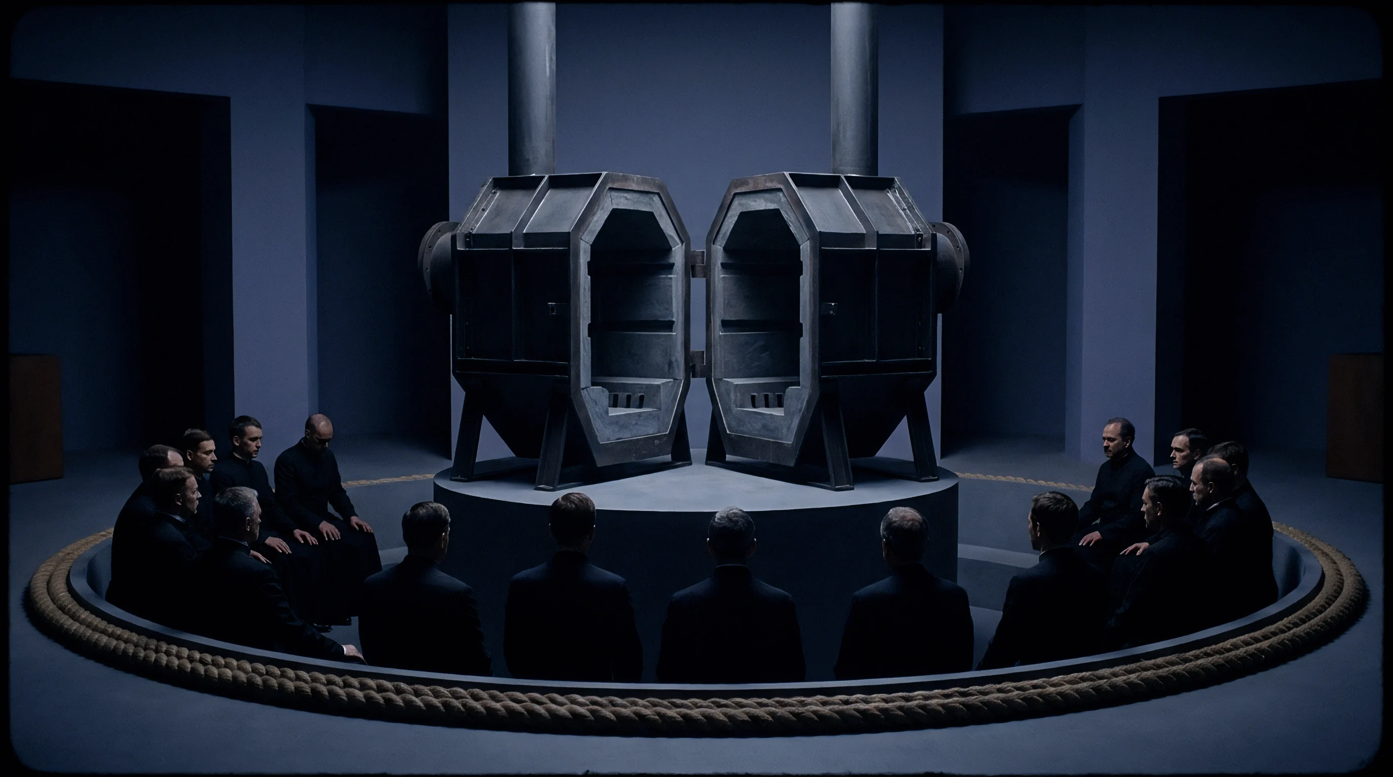 Executives gather in a circular meeting room around a heavy industrial processing unit within a minimalist facility.