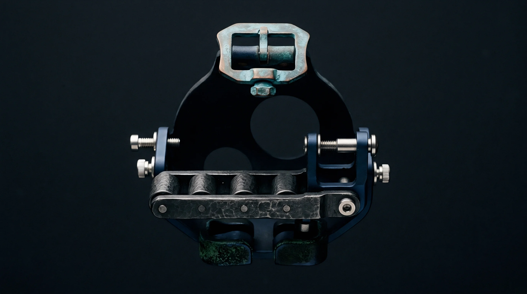 A digital render displays an intricate industrial fastener assembly constructed from patinated bronze and anodized metal elements against a dark background.