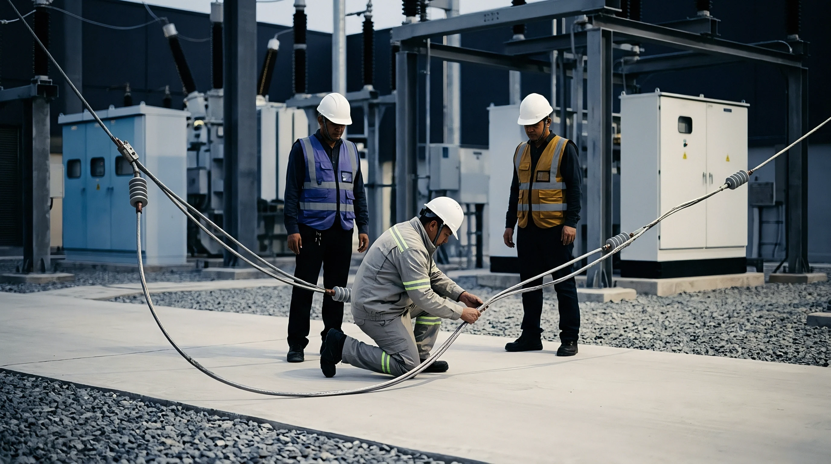 Industrial technicians examine heavy electrical cables and suspension insulators along concrete walkways inside an outdoor utility substation yard.