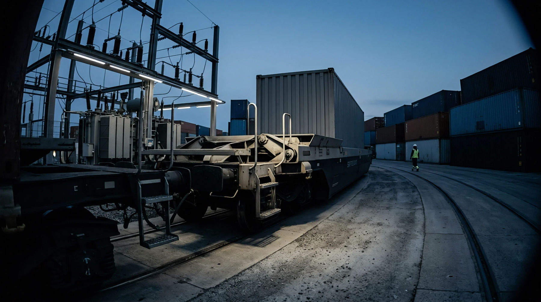Heavy container flatbeds rest on railway tracks beside a high voltage electrical substation near lines of stacked intermodal steel transport units.