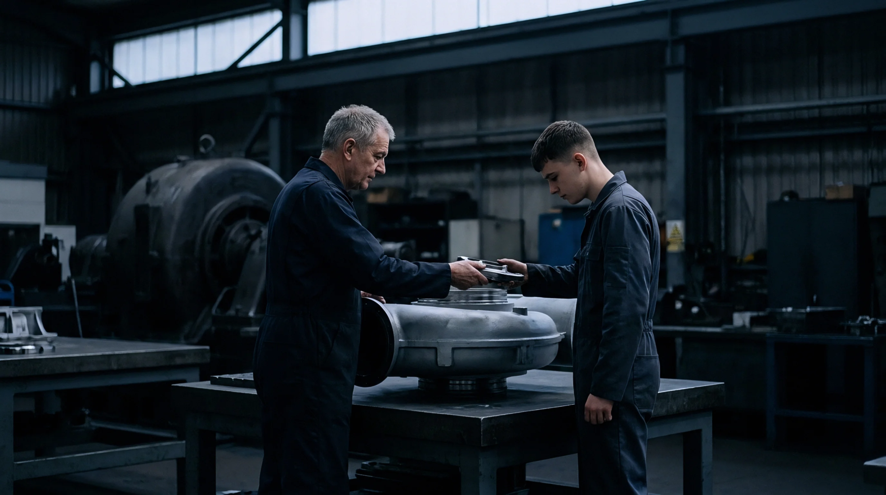 Two mechanics in dark overalls examine a large cast metal turbine component resting upon a steel workbench inside a dim industrial factory.