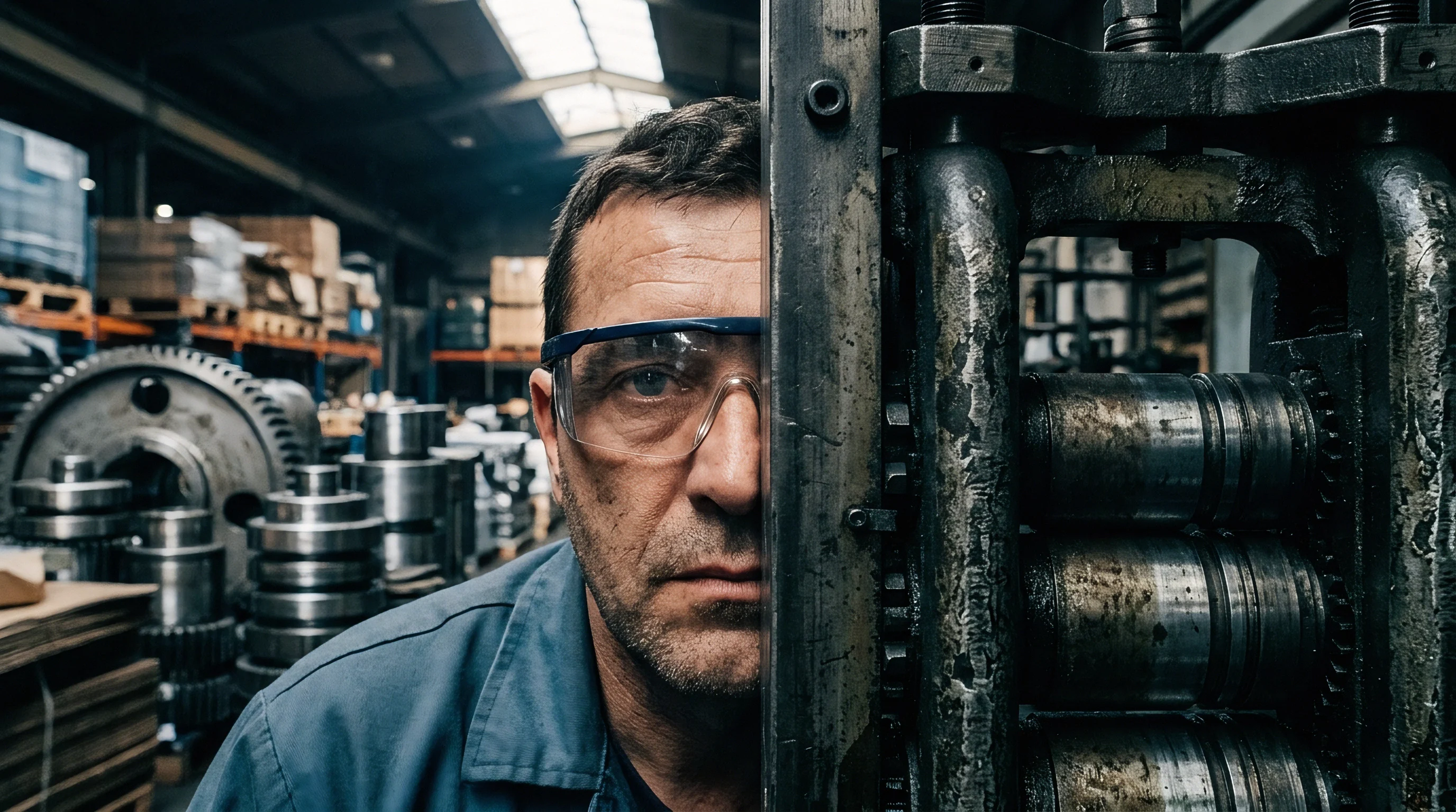 Half of a male worker's face wearing clear safety glasses is visible next to a large, grimy industrial rolling mill.
