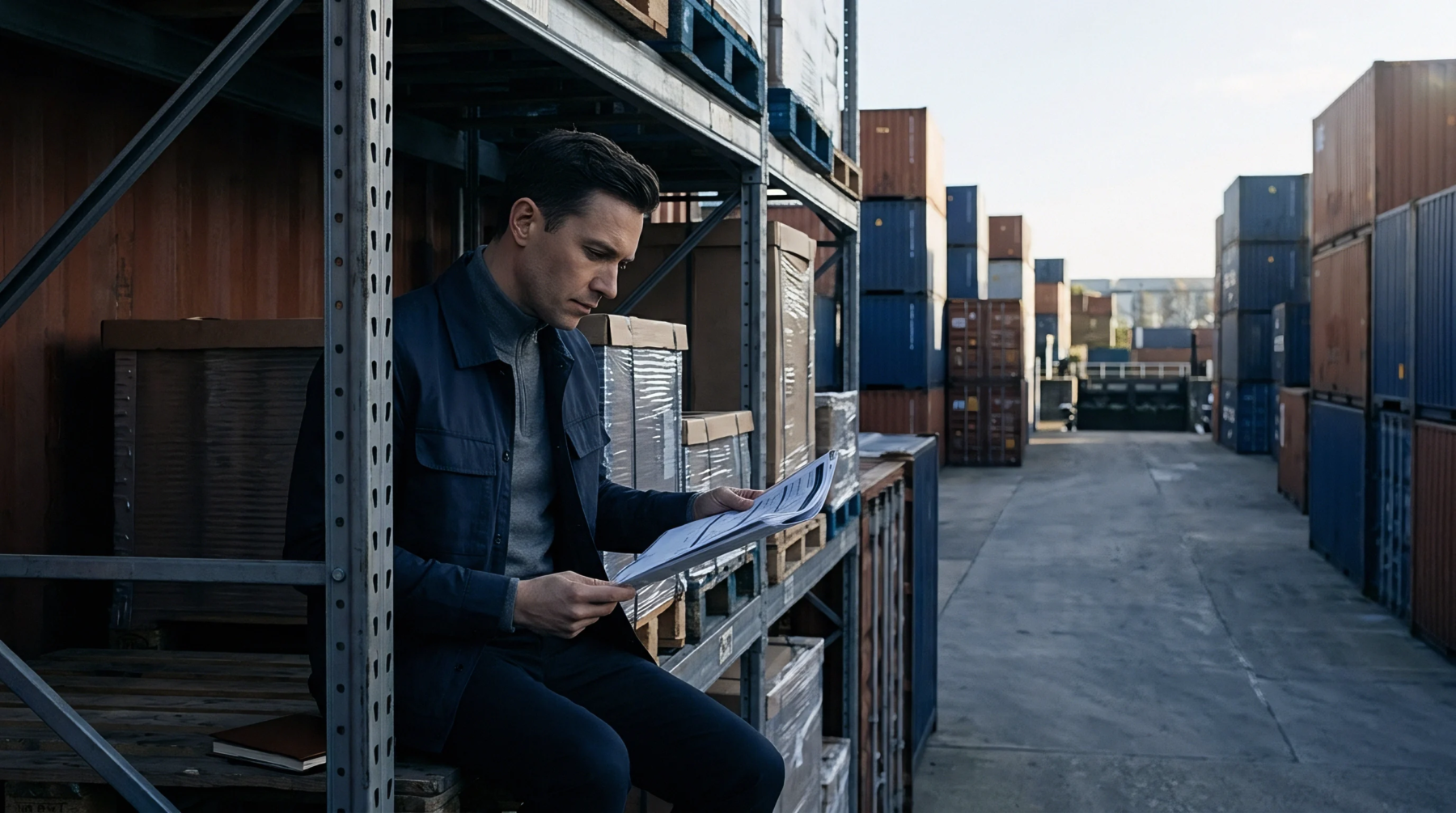 An operations auditor sits on steel warehouse shelving reviewing cargo manifests surrounded by stacked shipping containers in an outdoor freight terminal.