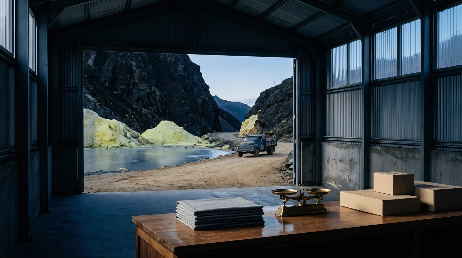 An open warehouse looks out onto a remote mineral extraction site where a truck travels past stockpiles toward an interior staging table.