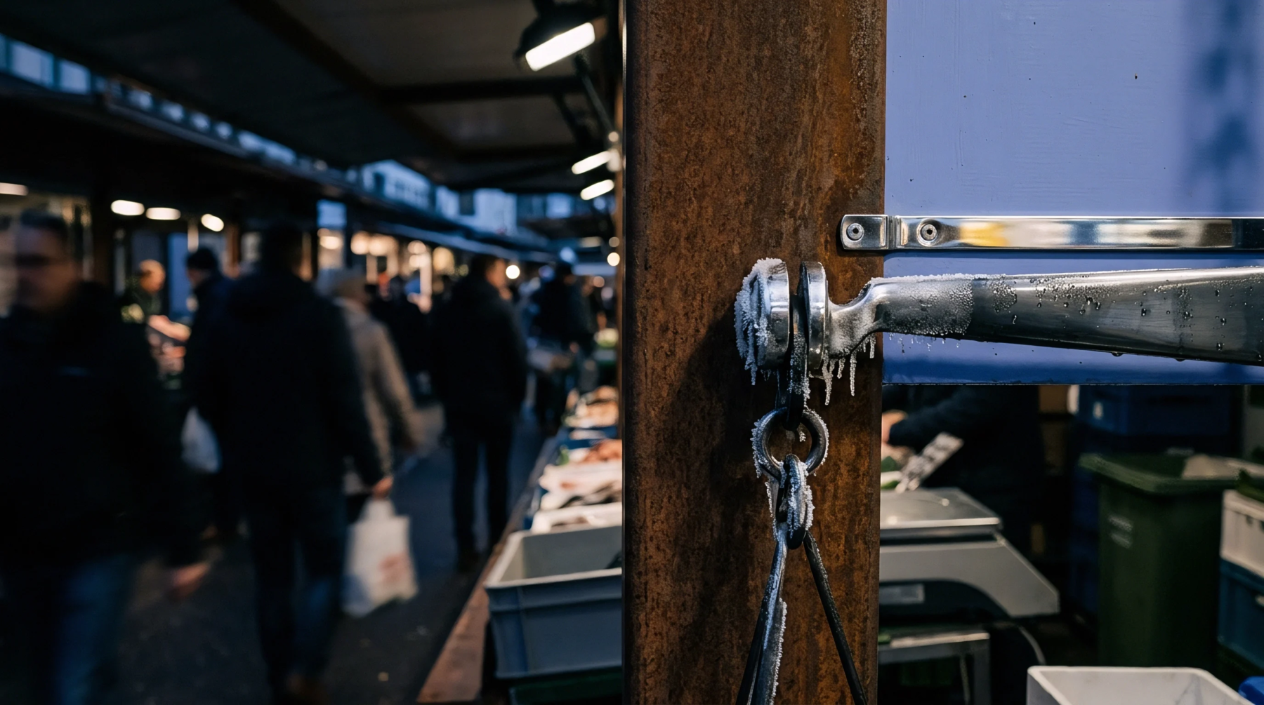 Frosted metallic hardware mounted on a weathered steel structural post dominates an outdoor wholesale distribution market during winter operations.