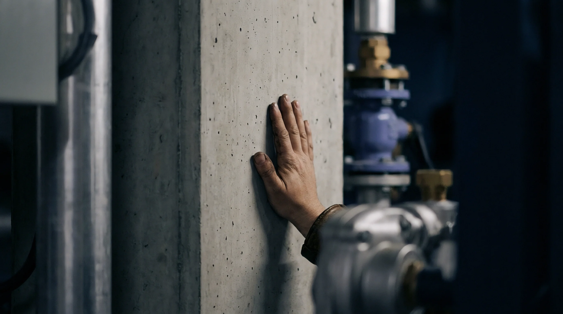 A bare human hand rests against a raw structural concrete pillar inside a heavy machinery facility surrounded by metallic piping.