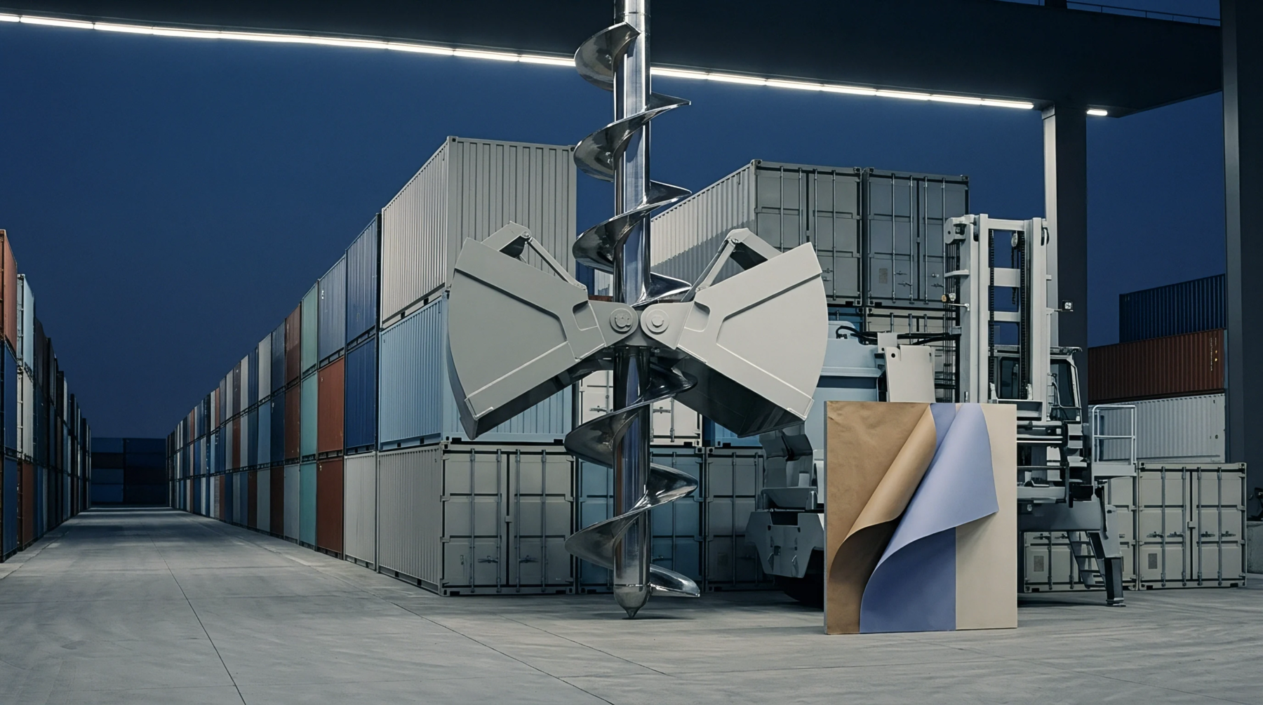 A heavy duty auger with large gripping jaws is positioned in a logistics yard surrounded by stacked shipping containers.
