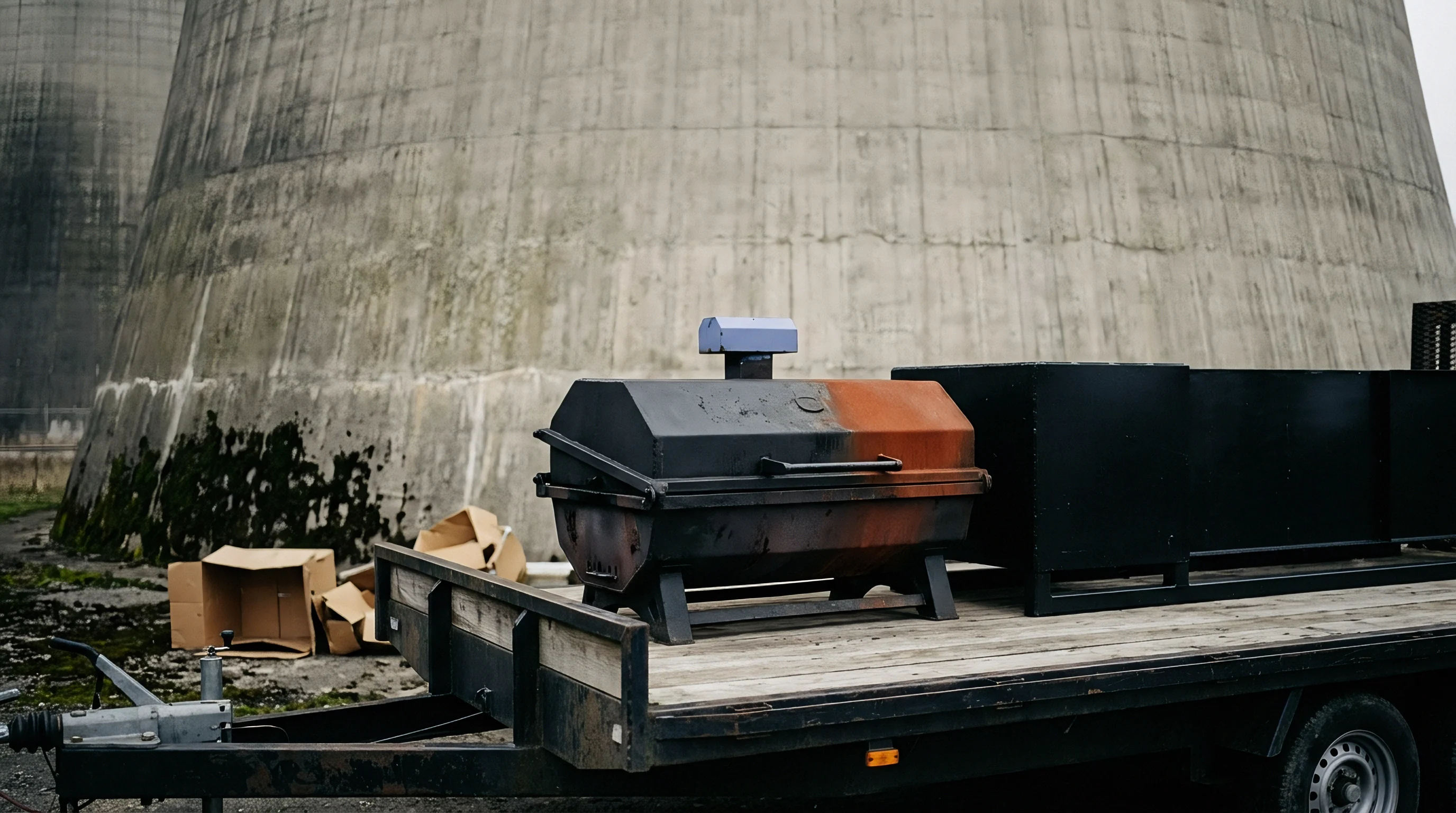 Fabricated metal industrial machinery rests on a flatbed trailer parked before massive concrete cooling towers at a production facility.