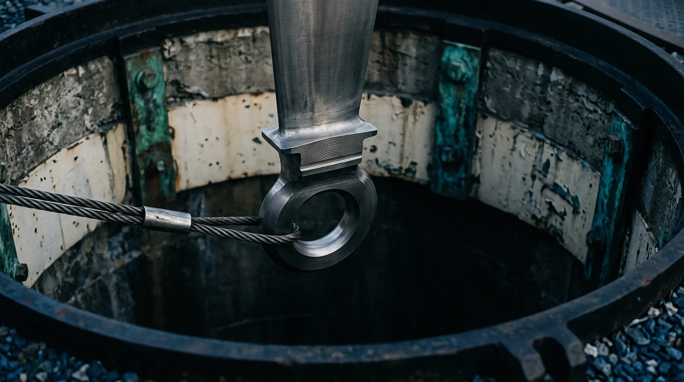 A forged steel turbine blade component hangs suspended by steel wire ropes inside a cylindrical concrete industrial access shaft.
