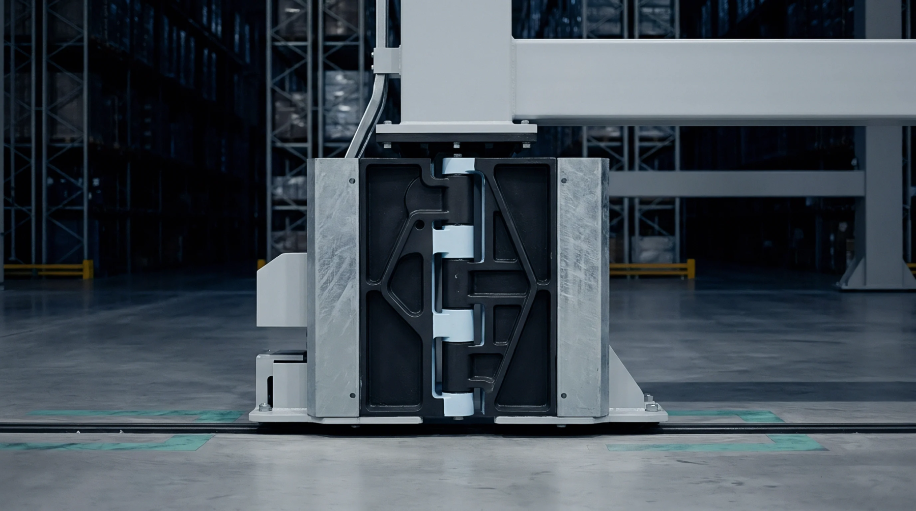 A heavy cast metal industrial hinge mechanism stands mounted on a concrete floor inside a high bay fulfillment warehouse facility.