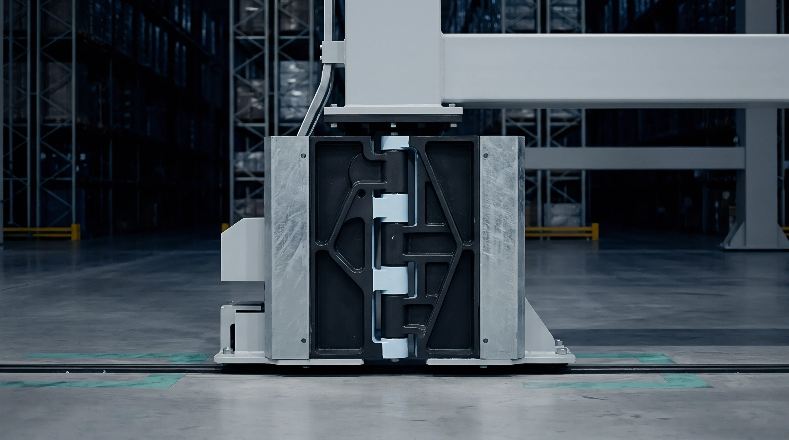 A heavy cast metal industrial hinge mechanism stands mounted on a concrete floor inside a high bay fulfillment warehouse facility.
