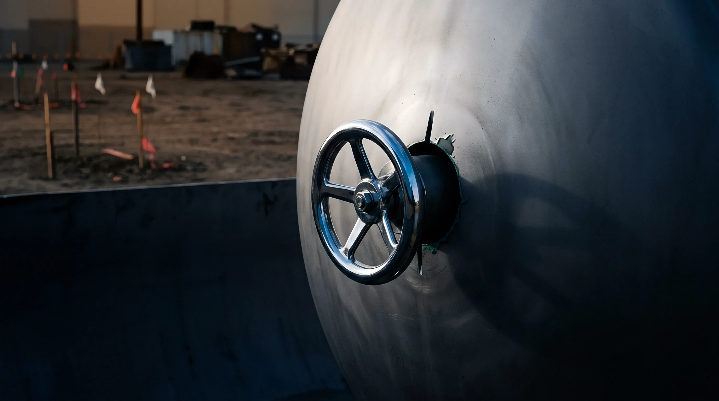A polished steel industrial pressure vessel featuring a heavy manual control valve sits staged within an active construction facility yard.