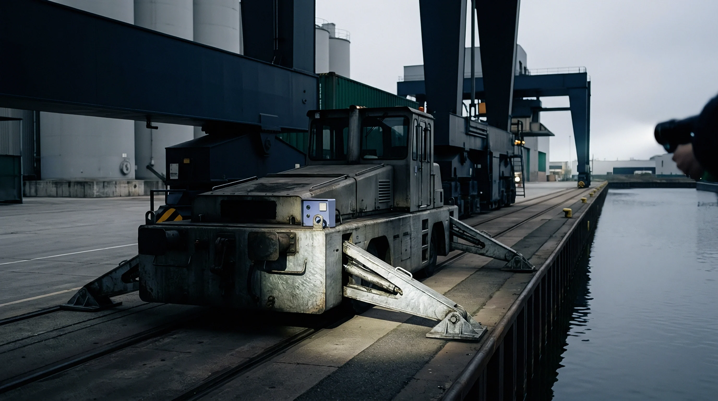 A heavy industrial rail shunting vehicle rests on tracks beside a concrete quay wall and an urban waterway at a freight terminal.