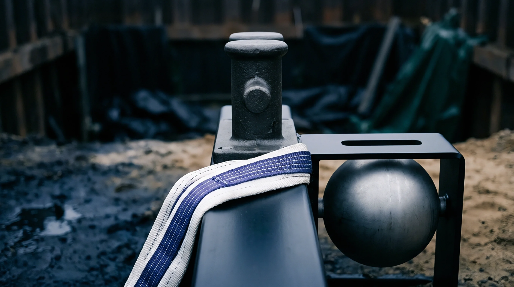 A heavy steel rigging post and a suspended spherical counterweight sit alongside a blue and white woven cargo strap on an industrial site.
