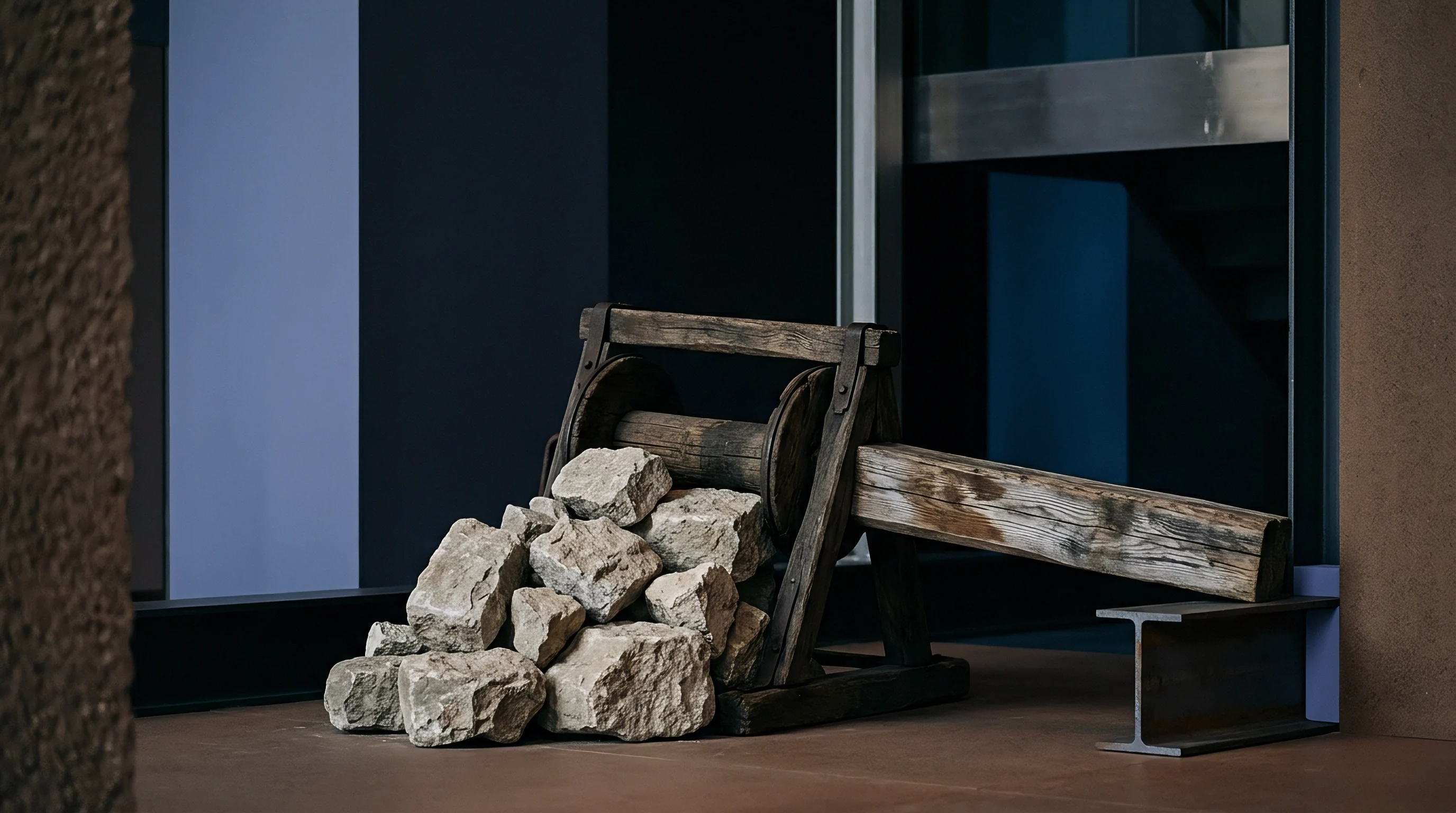 A wooden timber winch and stacked quarried stone blocks rest on a concrete floor inside an industrial architectural interior.