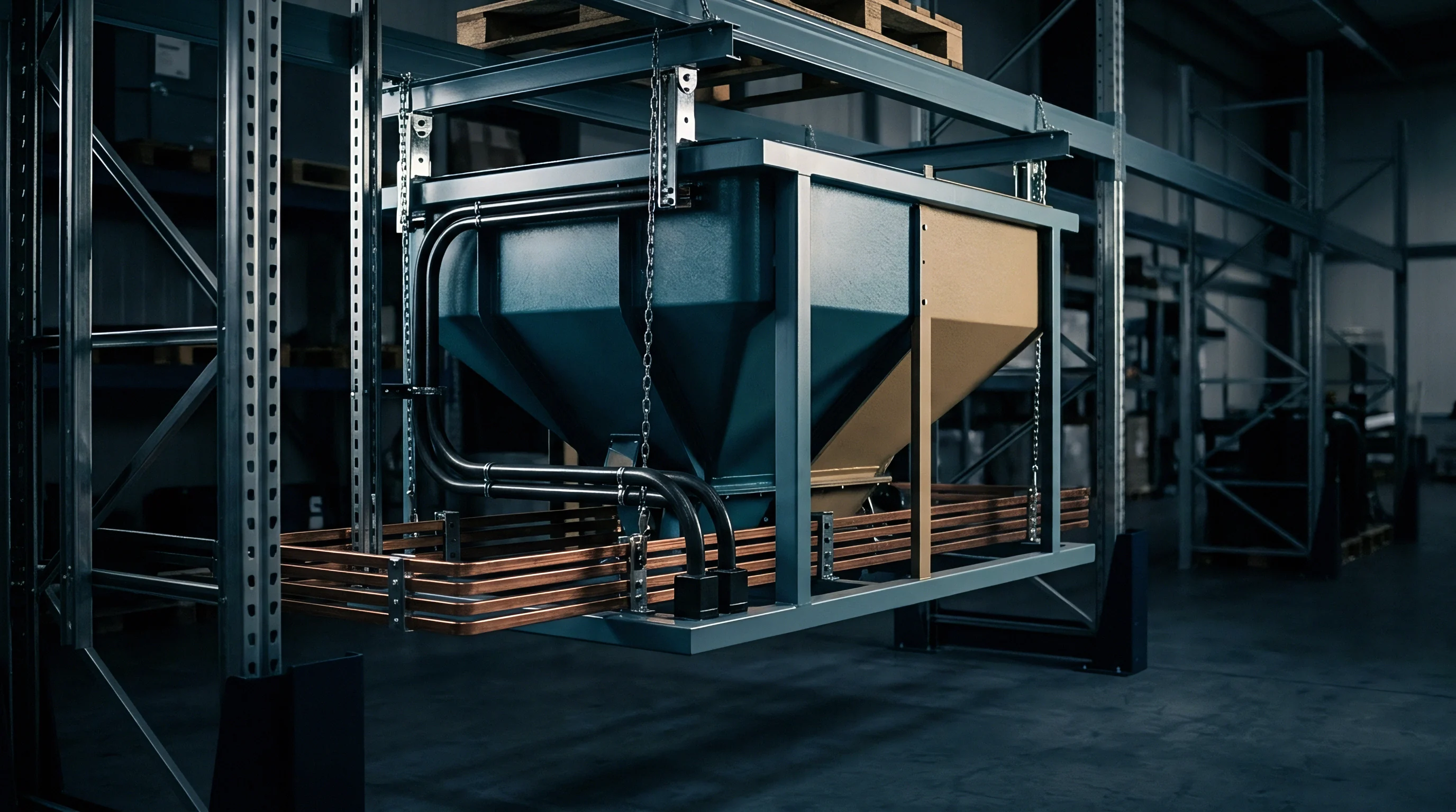 Steel and polymer components form a suspended bulk storage hopper rendered digitally within a dimly lit industrial warehouse facility.