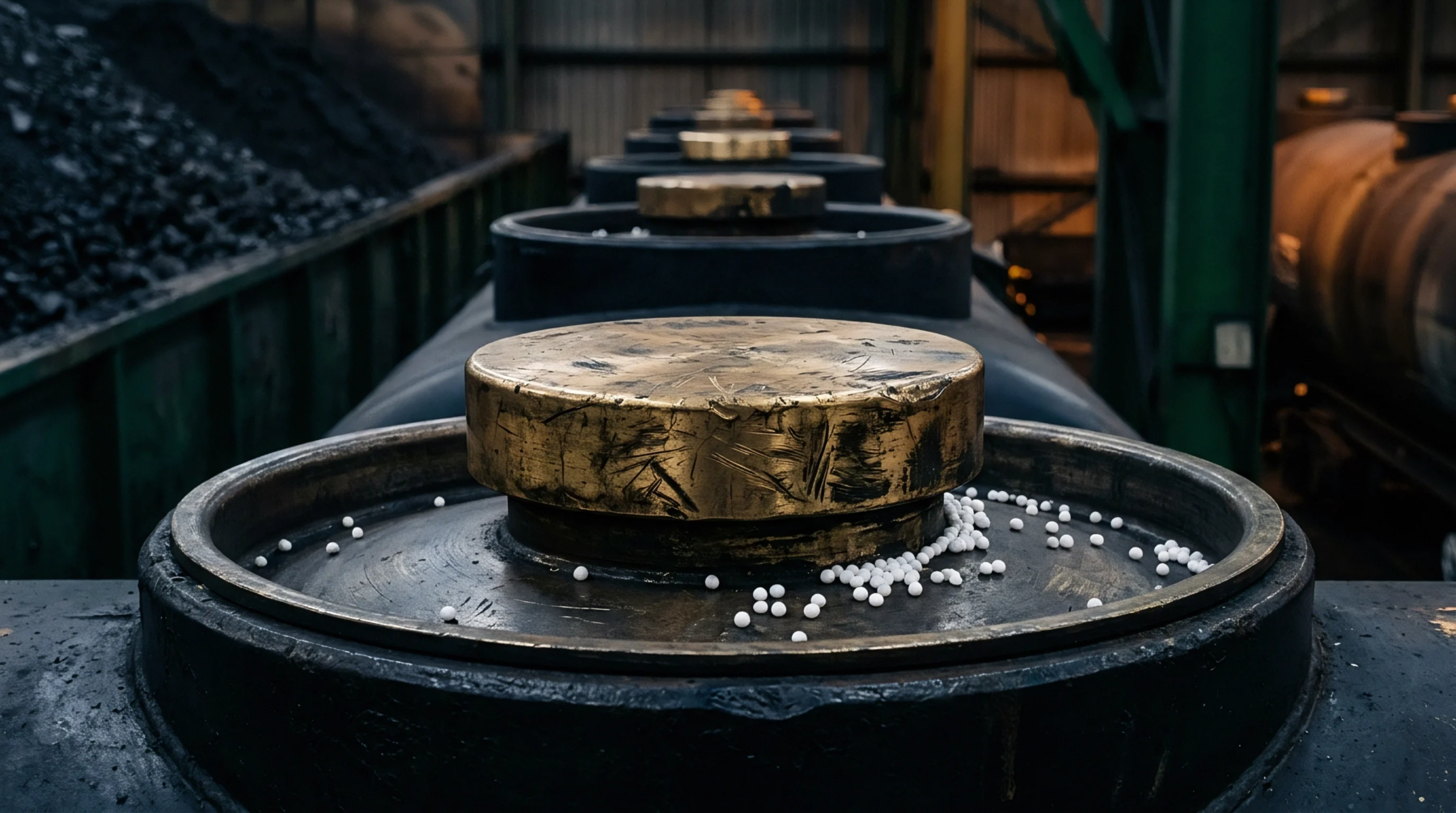 White polymer pellets scatter on the metallic hatches of bulk cargo tank cars parked inside an industrial distribution terminal.