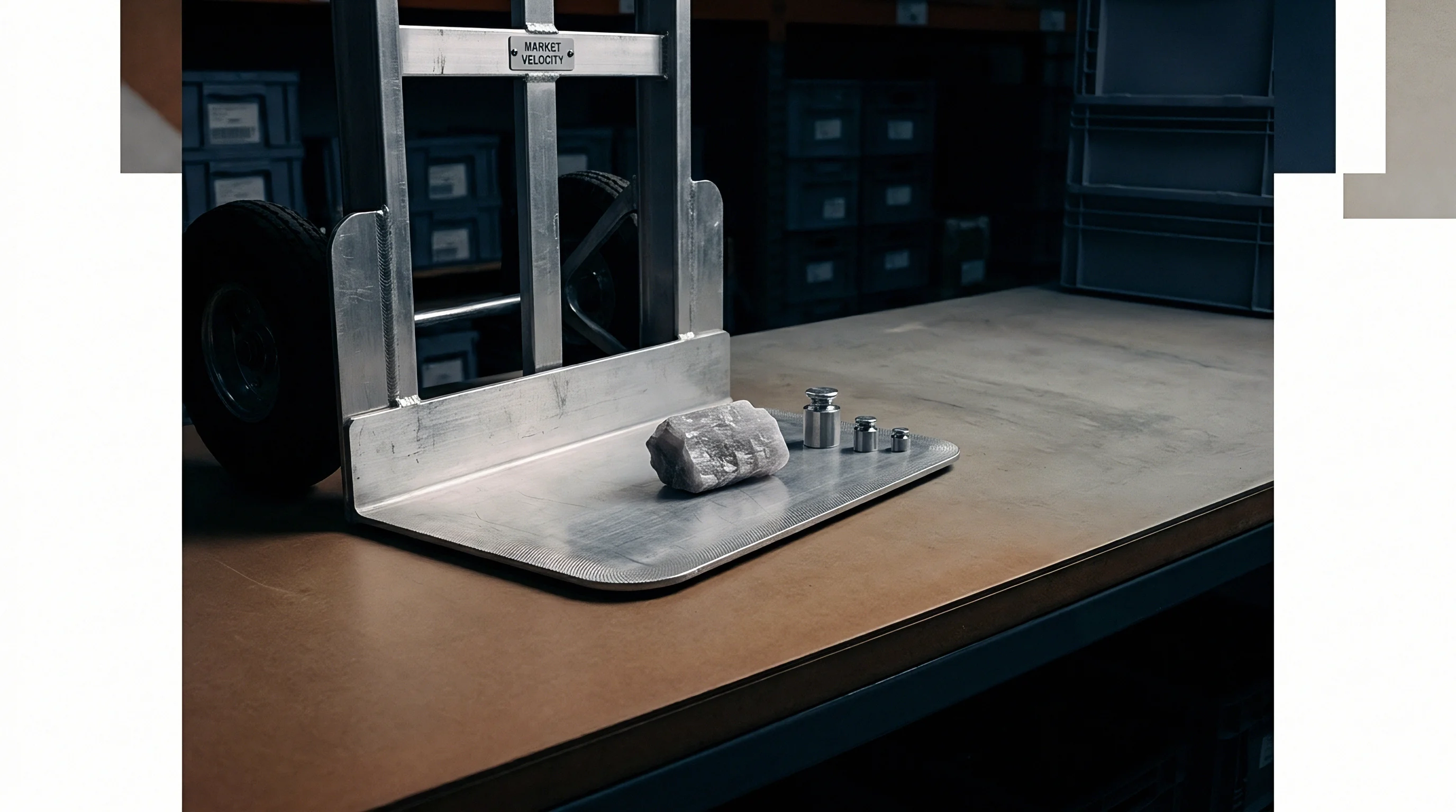 A manual hand truck holds metallic calibration weights and a raw crystalline mineral block on a metal shelf within an industrial warehouse storage facility.