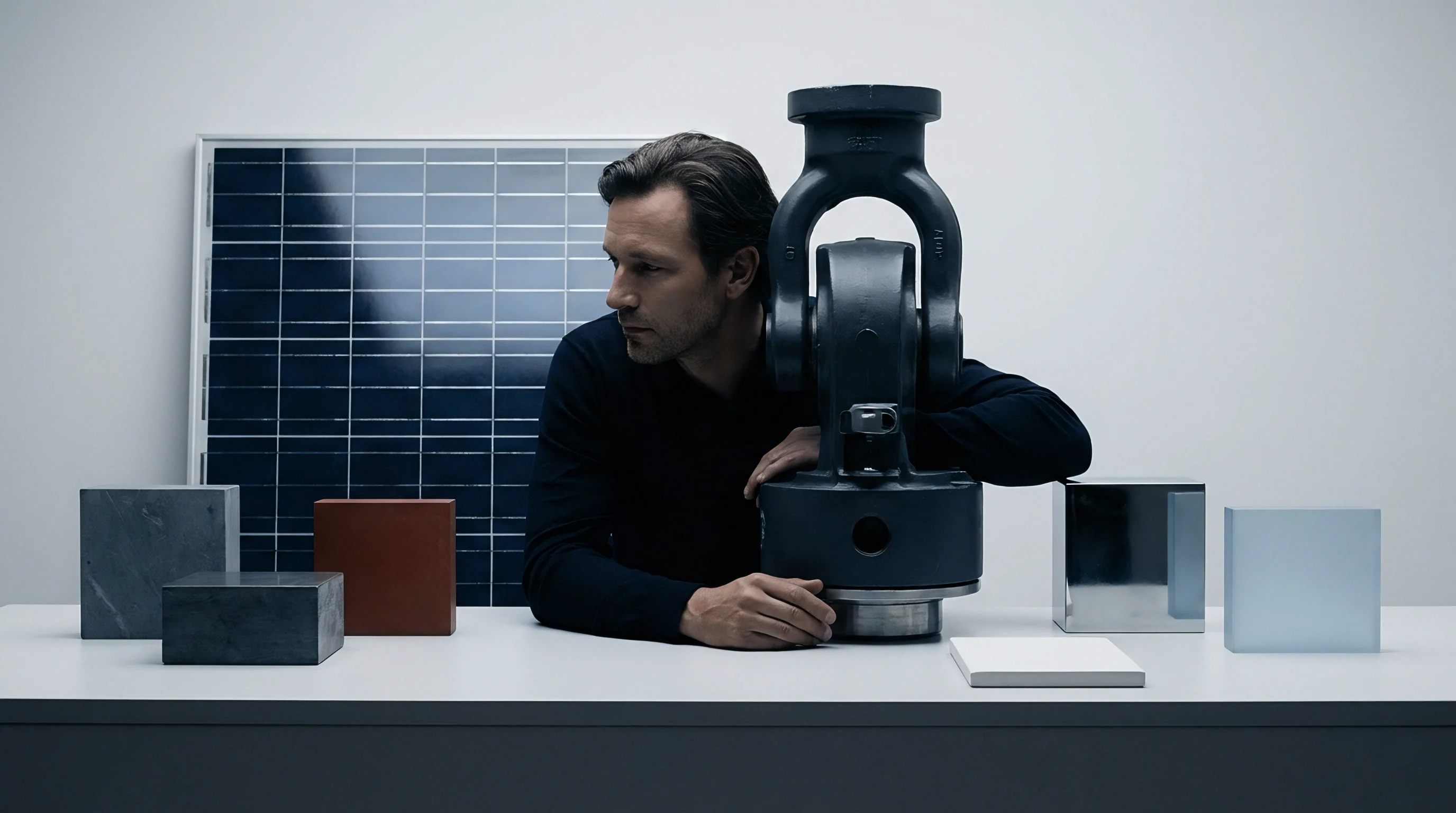 A manufacturing specialist examines a heavy steel industrial swivel alongside diverse material samples and a photovoltaic solar panel in a studio setting.