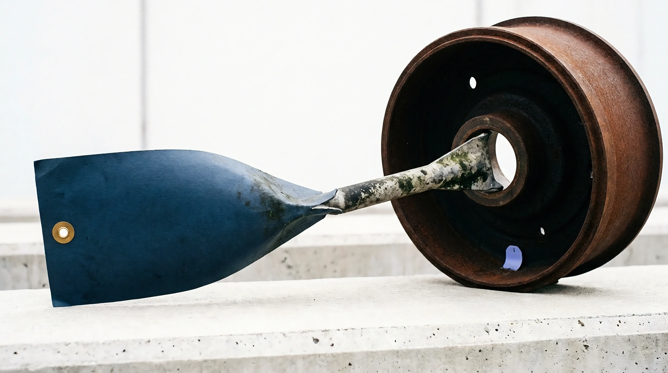A weathered industrial rail wheel and rusted linkage connect to a painted steel plate with a brass grommet on a concrete ledge.