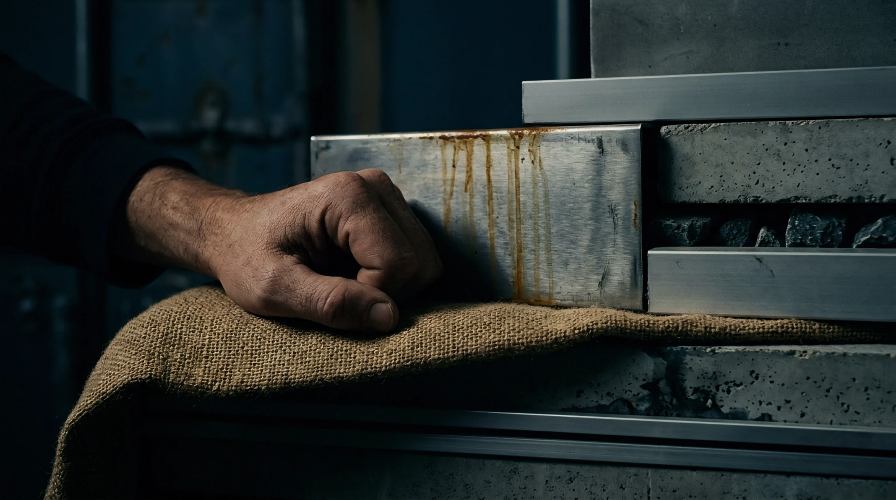 A calloused fist rests on coarse burlap beside a corroded metal plate and layered concrete slabs inside a warehouse.