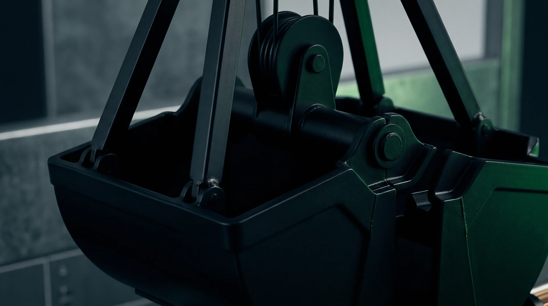 A matte black steel clamshell grab bucket hangs suspended from industrial crane rigging within a production facility.