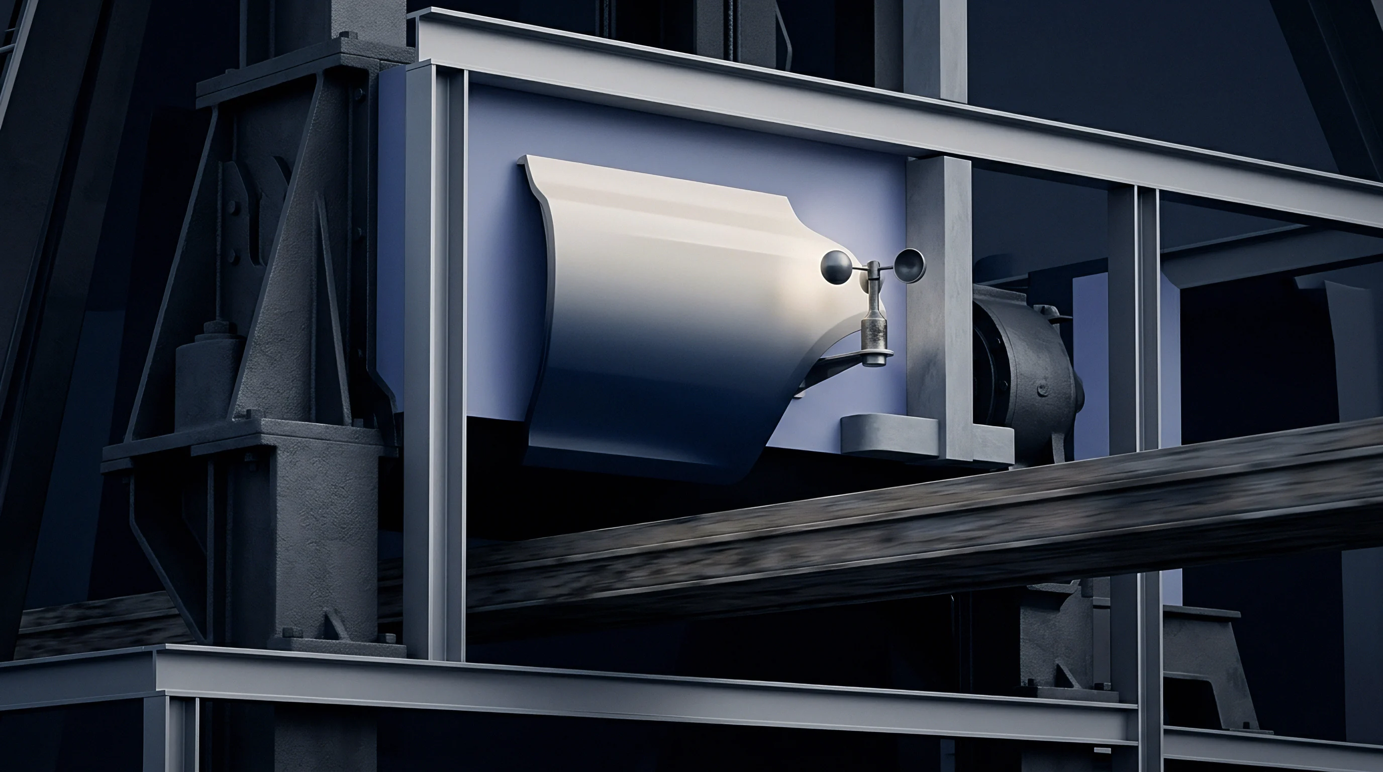 A metal anemometer sensor mounts beside a contoured steel shield attached to a painted industrial housing overlooking heavy transit rails.