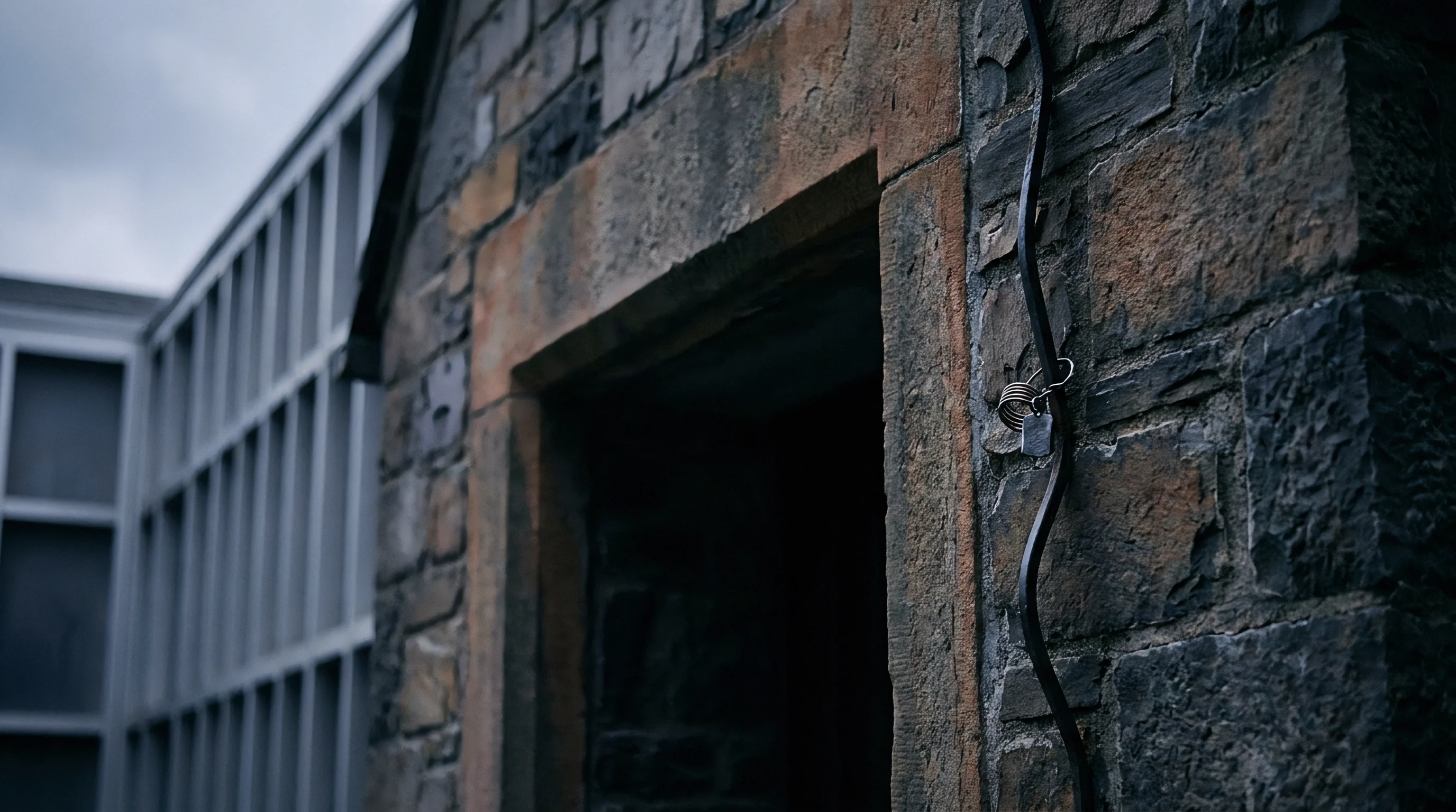 Weathered stone masonry doorway fitted with a secure metal latch alongside a modern steel building exterior under overcast skies.