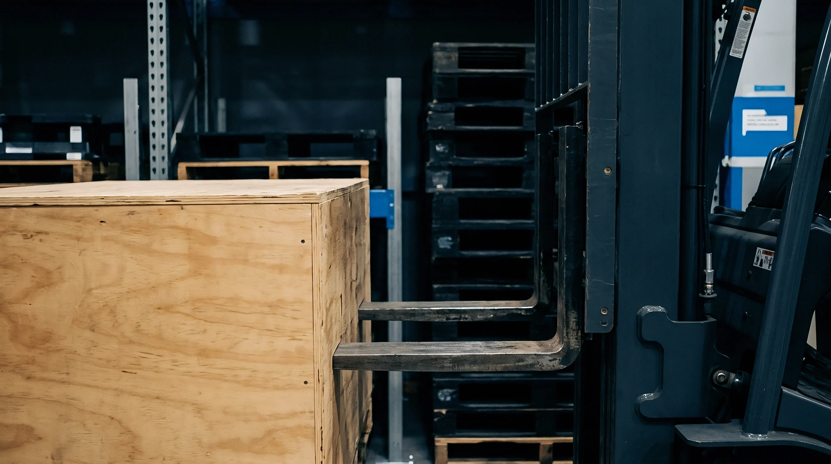 Heavy steel forklift forks engage the underside of a large plywood shipping crate inside an industrial warehouse containing multiple stacked black plastic pallets.