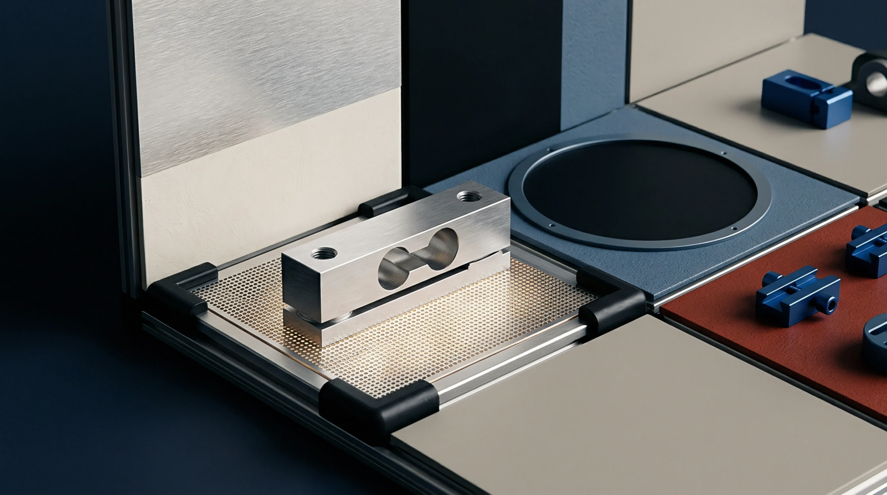 A digital render features brushed aluminum load cells and modular hardware panels arranged neatly on a metal grid assembly station.