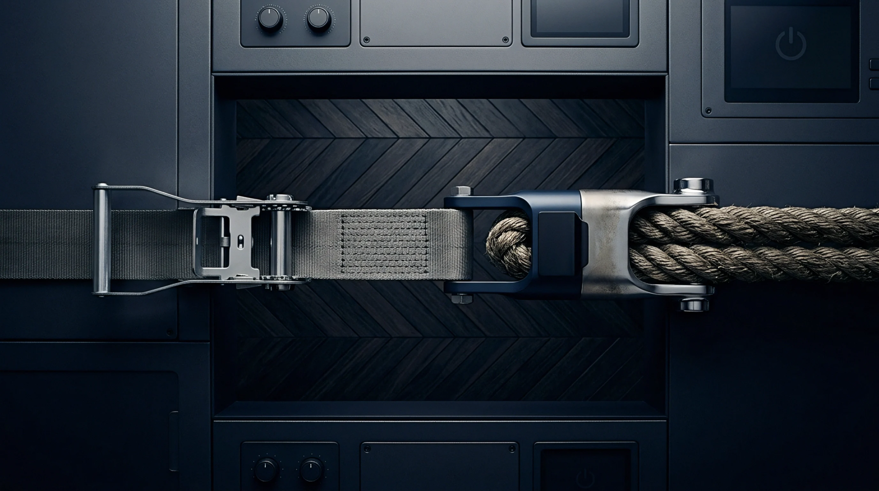 Synthetic webbing connected by a metal ratchet mechanism meets twisted natural fiber rope inside a dark matte control console enclosure.