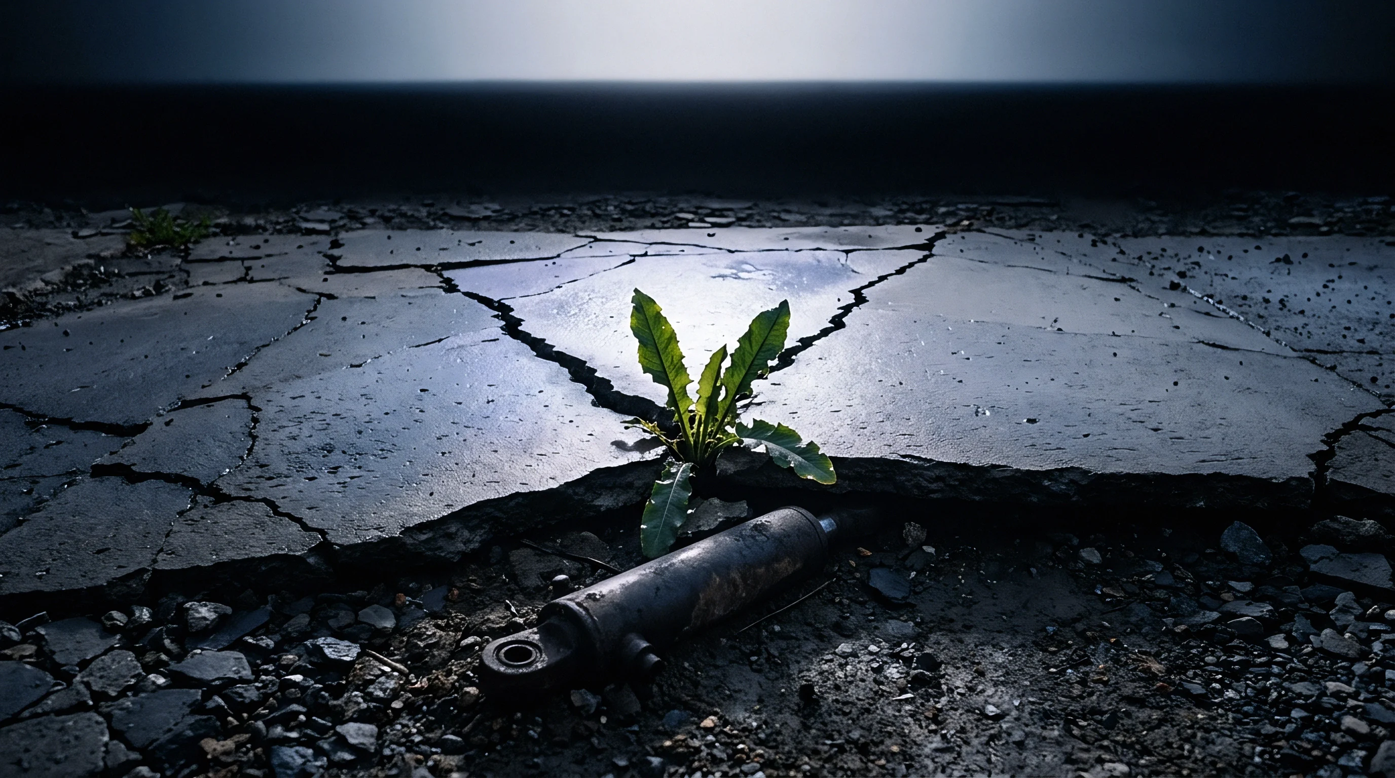 A green perennial plant emerges through cracked concrete slabs above a discarded metal hydraulic cylinder resting on gravel ground.