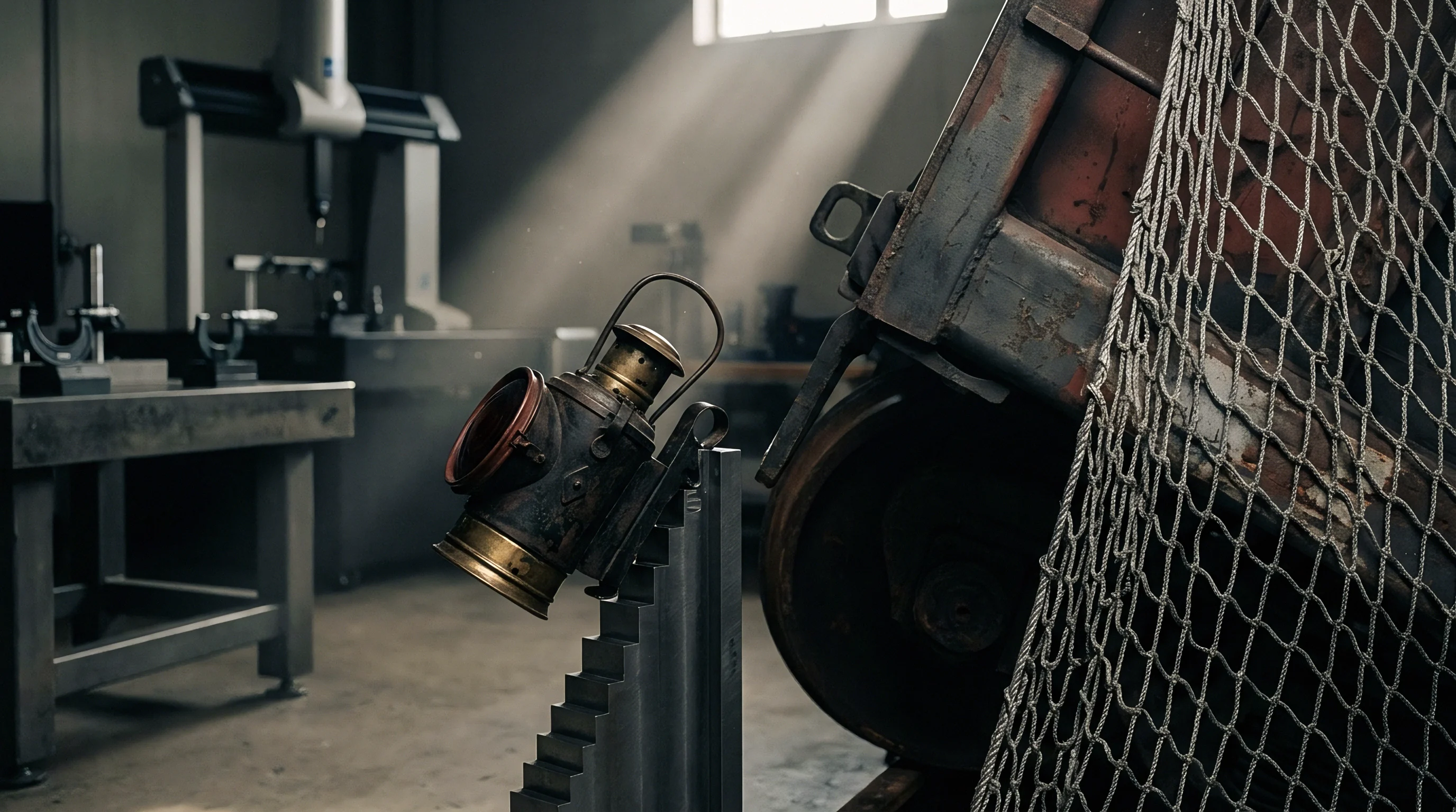 An antique metal railway signal lamp rests on a stepped fixture near a Coordinate Measuring Machine and large industrial component draped in netting.