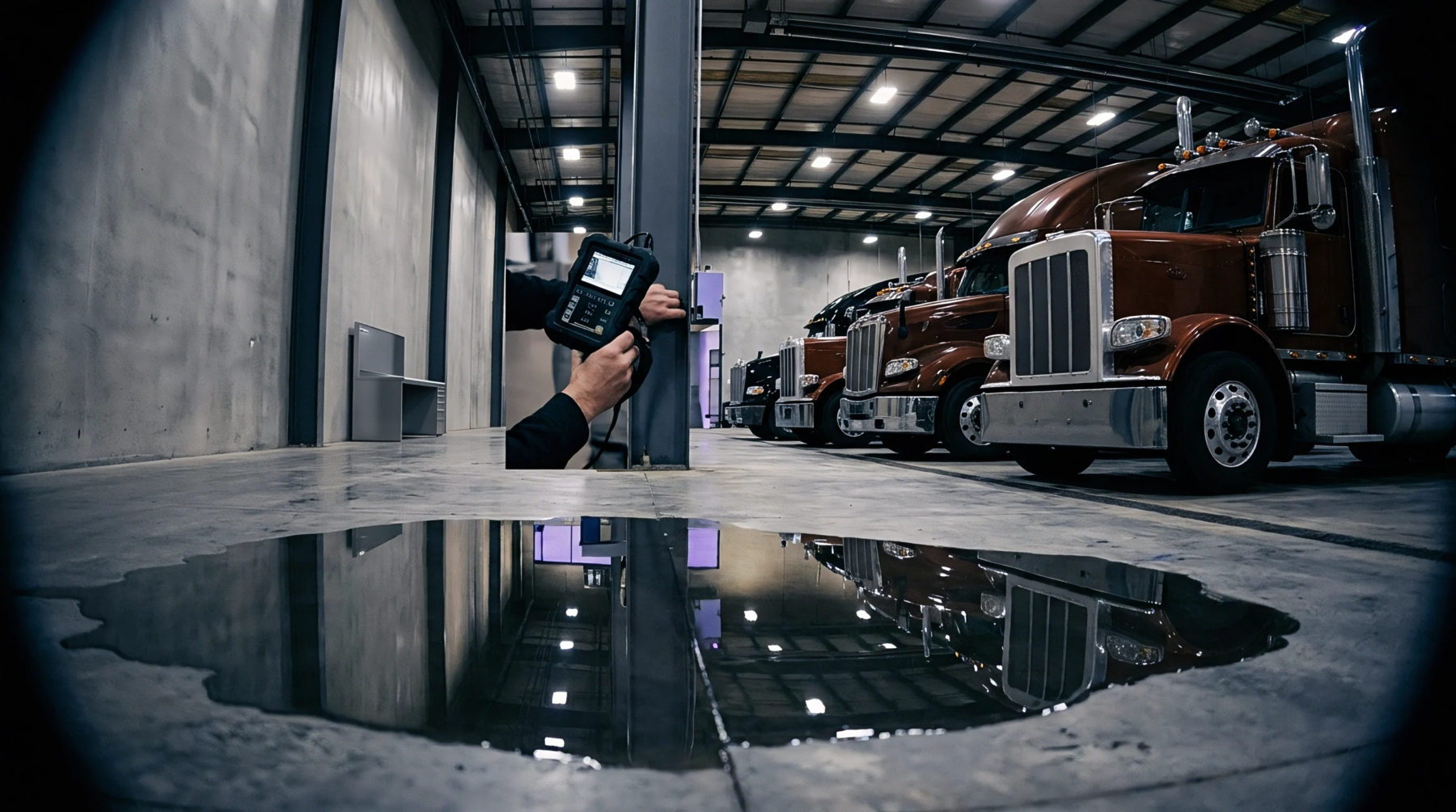Hands operate a portable diagnostic instrument against a metal column inside a large industrial facility where multiple semi-trailer trucks are parked.